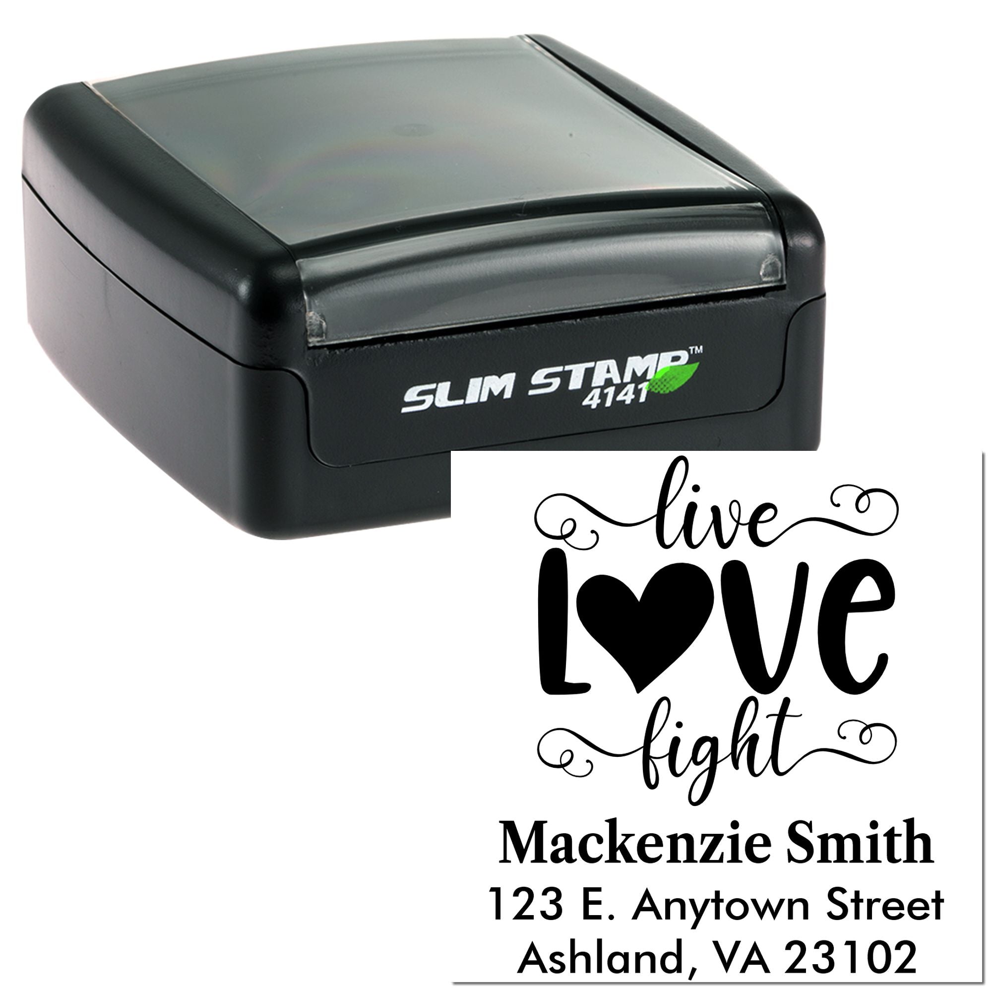 Custom self-inking rubber stamp with decorative live love fight design and return address imprint.