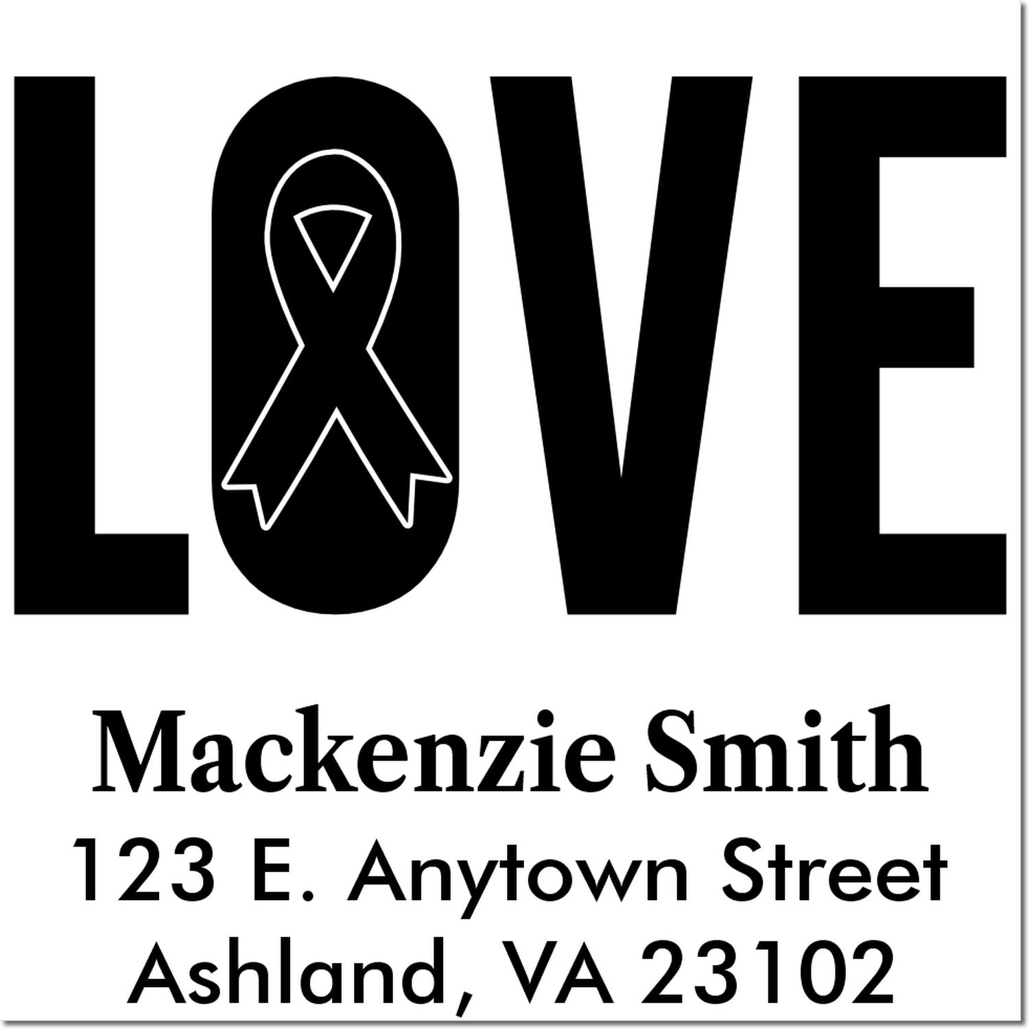 Personalized LOVE rubber stamp with ribbon icon, name Mackenzie Smith, and return address for custom mailing labels.