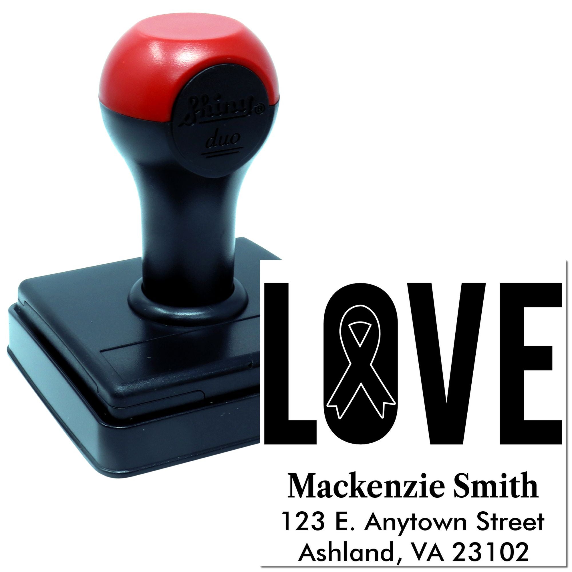 Custom LOVE ribbon address rubber stamp with name and mailing details, ideal for breast cancer awareness cards and gifts.