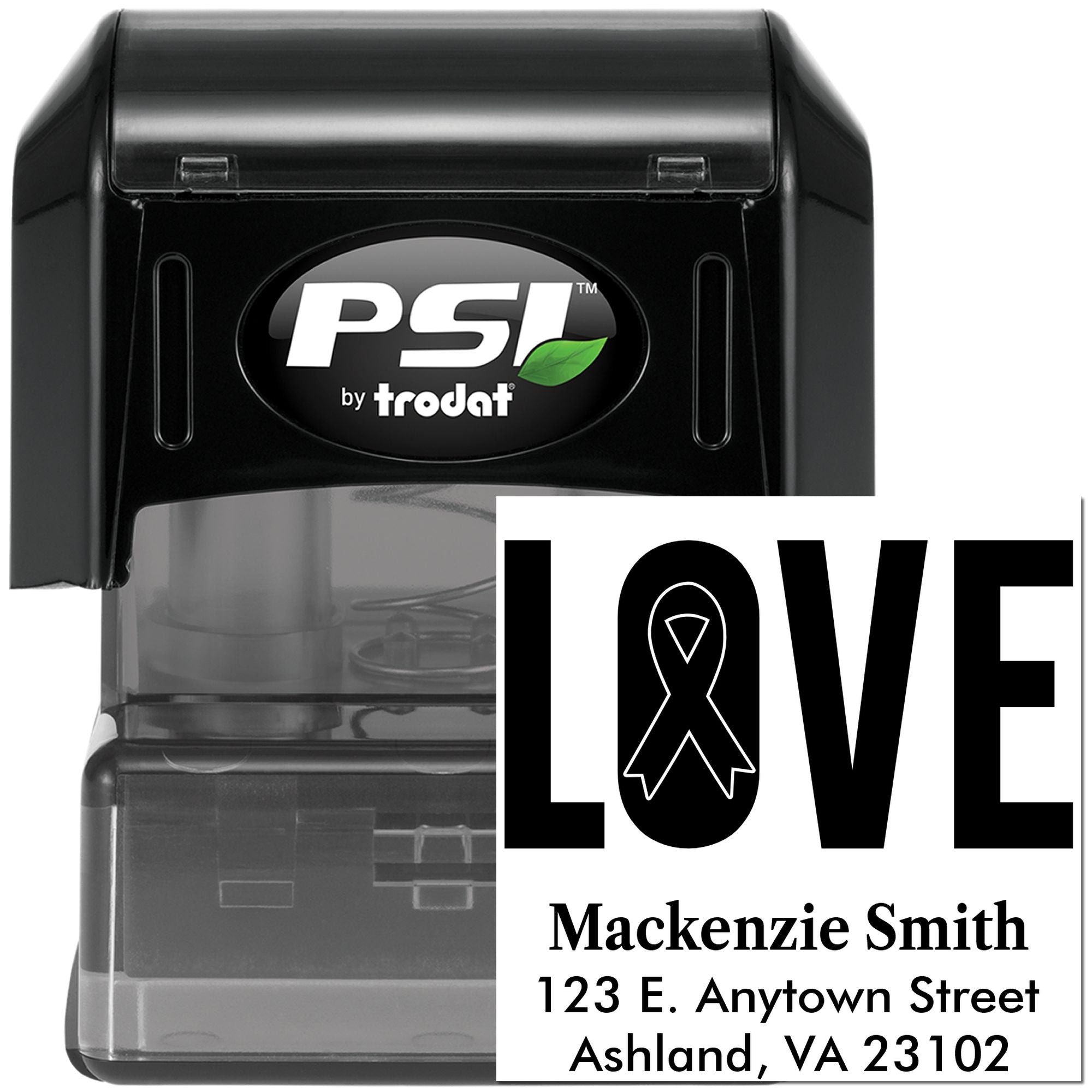 Custom self-inking PSI by Trodat rubber stamp with LOVE ribbon design and personalized return address.