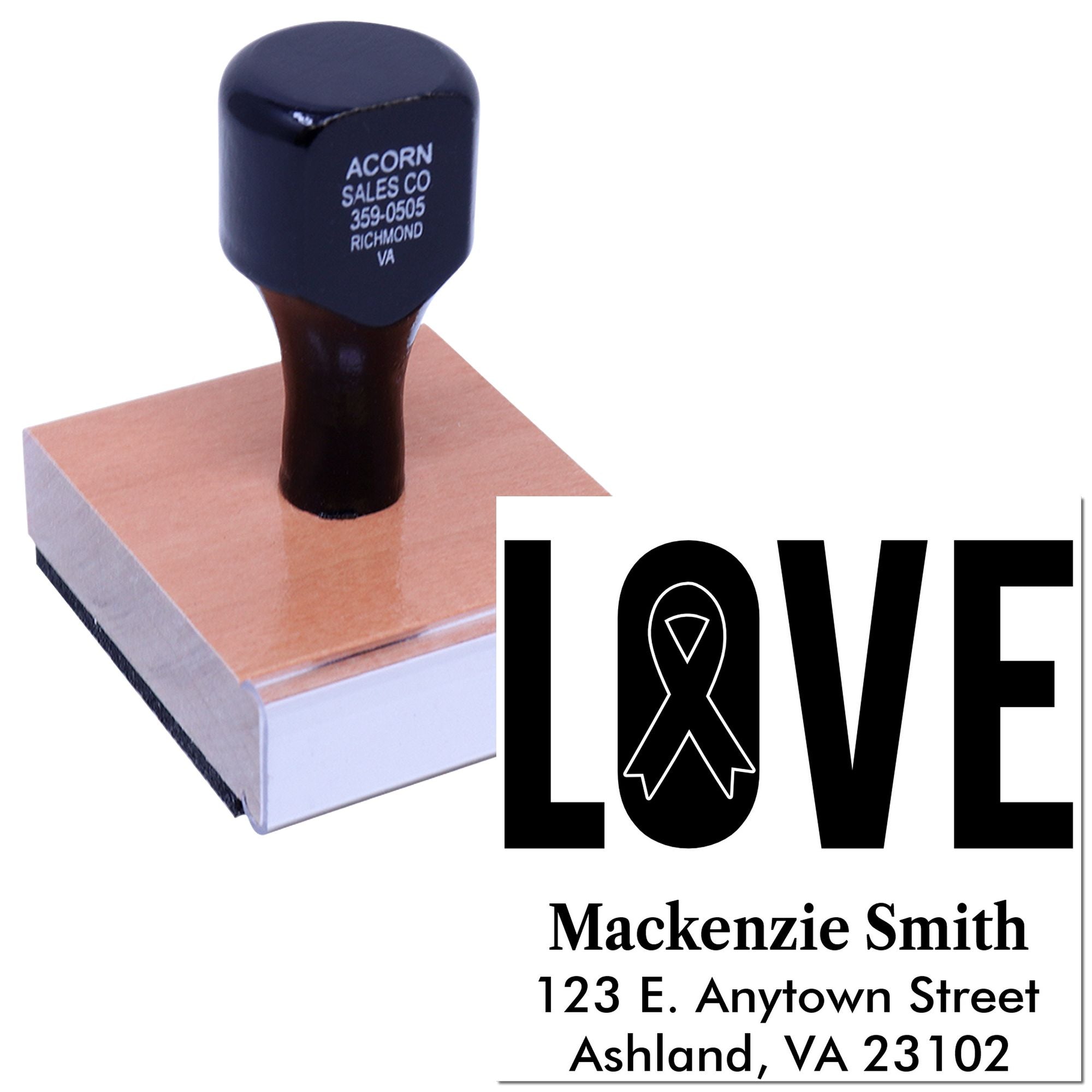 Custom rubber stamp with LOVE ribbon design and return address for personalized awareness cards, envelopes, and crafts.