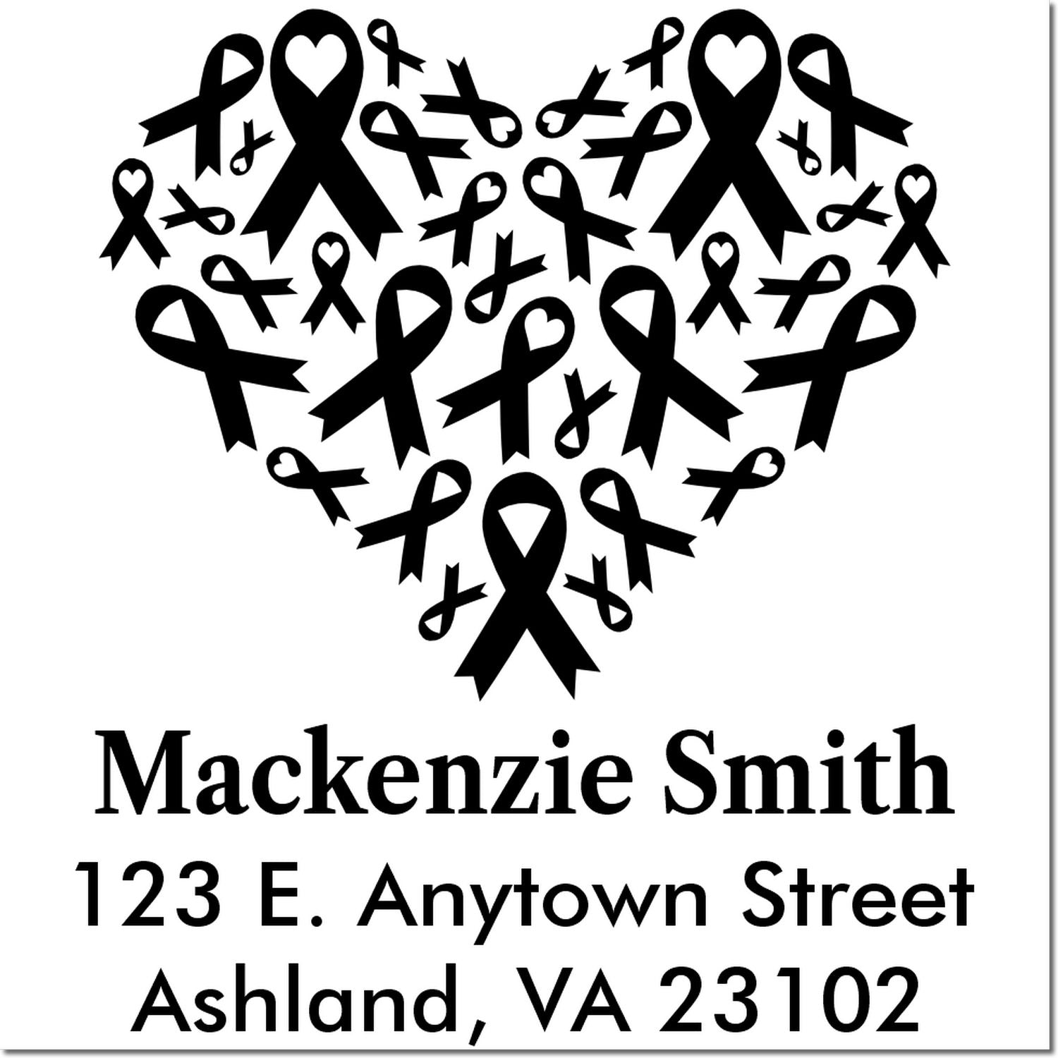 Custom return address rubber stamp with heart-shaped awareness ribbon design for Mackenzie Smith, Ashland, VA.