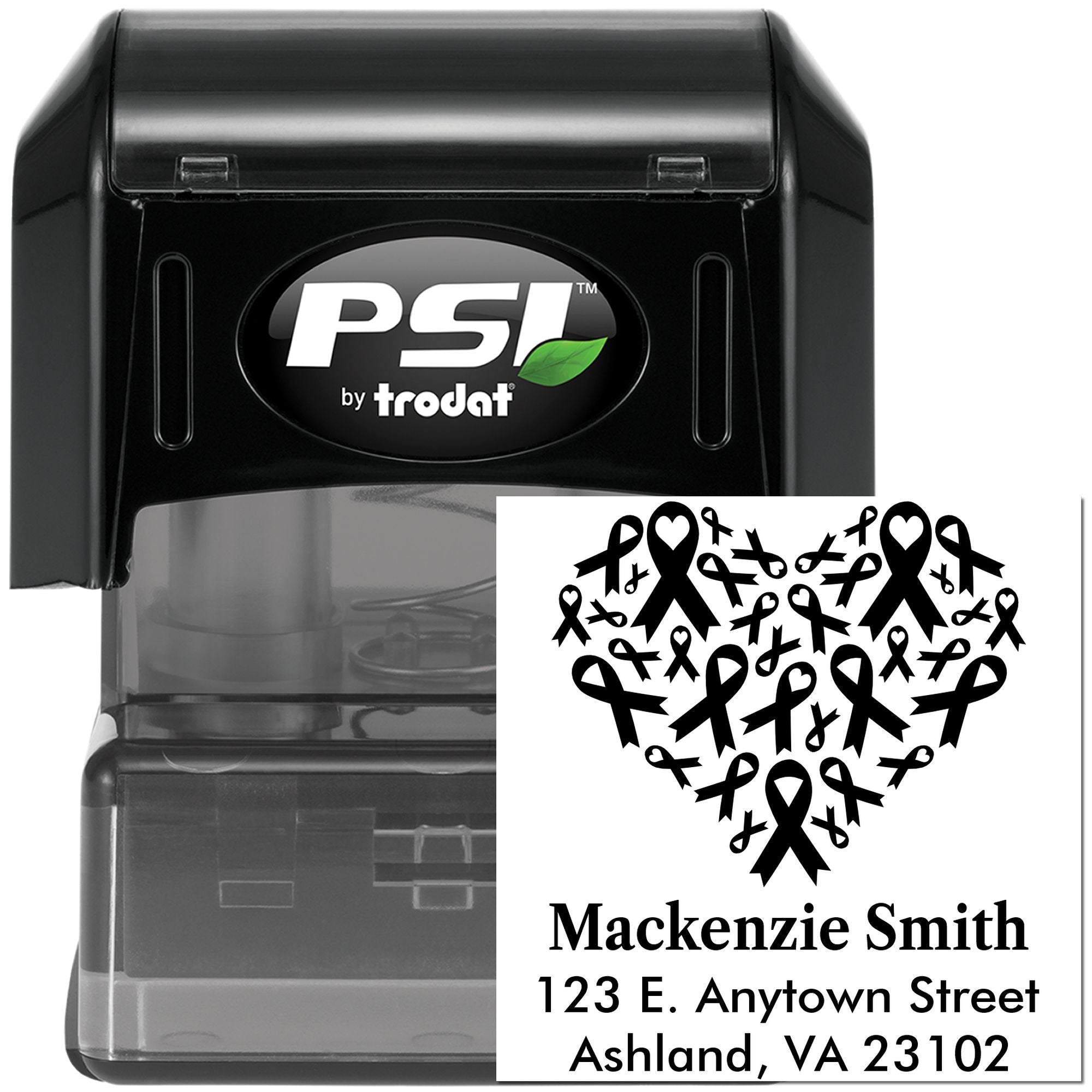 PSI by Trodat self-inking rubber stamp with heart ribbon design for custom name and address awareness stamping
