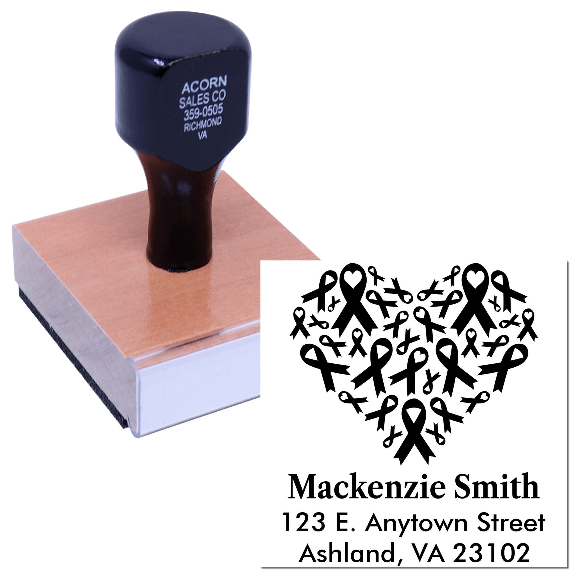 Custom rubber address stamp with awareness ribbon heart design for personalized mailing and awareness campaigns.