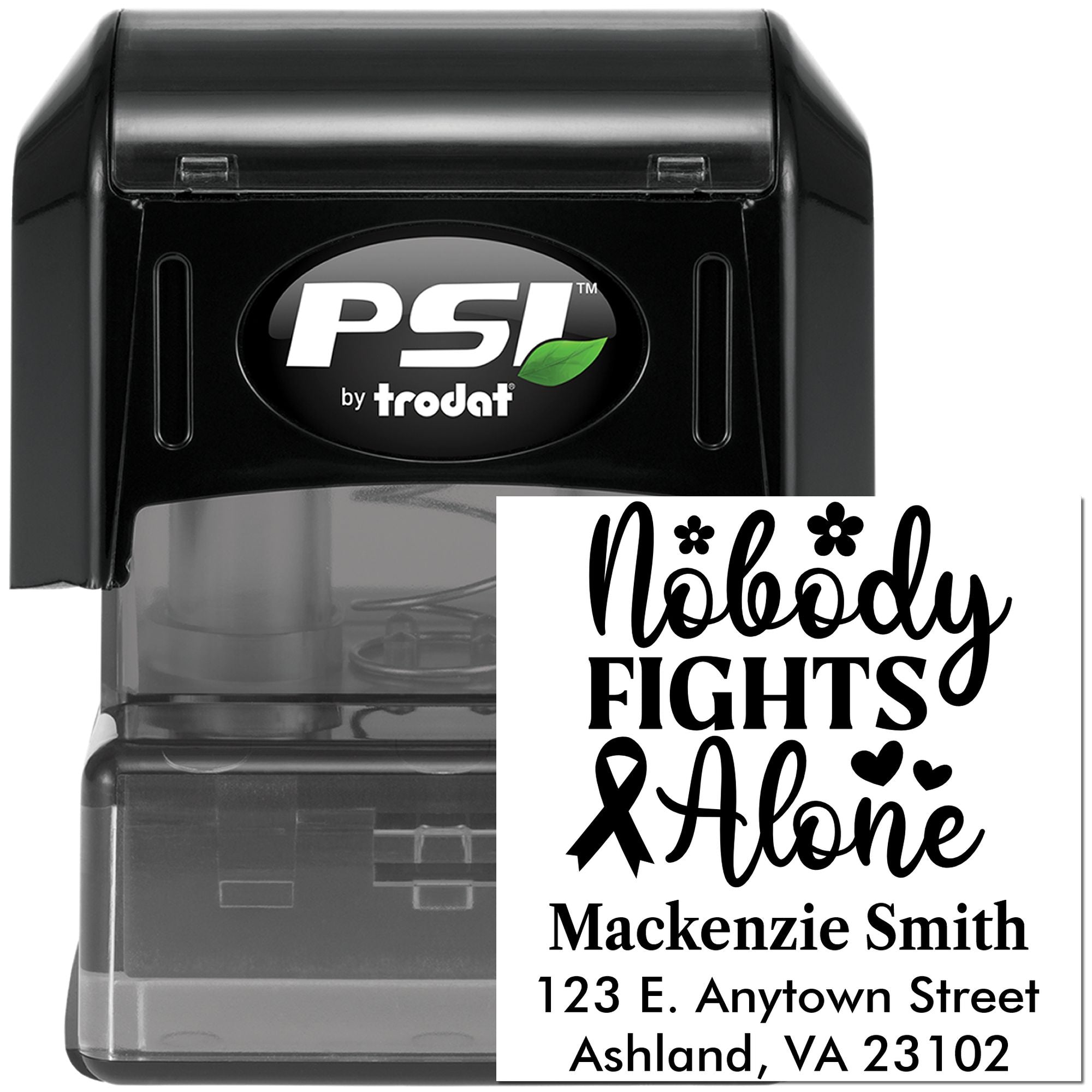 Custom self-inking rubber stamp with Nobody Fights Alone awareness message, name, and address for personalized mailings.