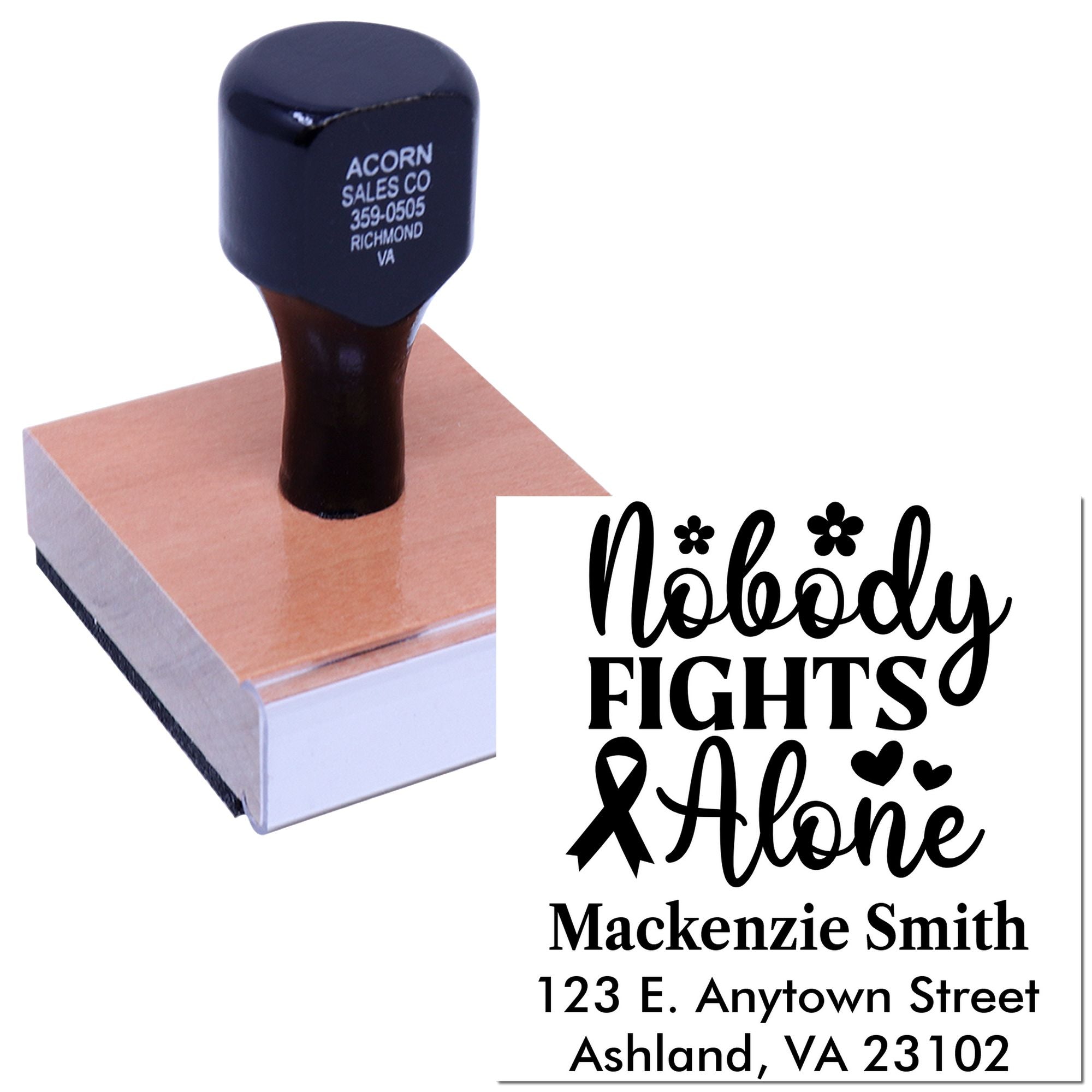 Custom rubber stamp with Nobody Fights Alone breast cancer ribbon design and personalized name, address, and location.
