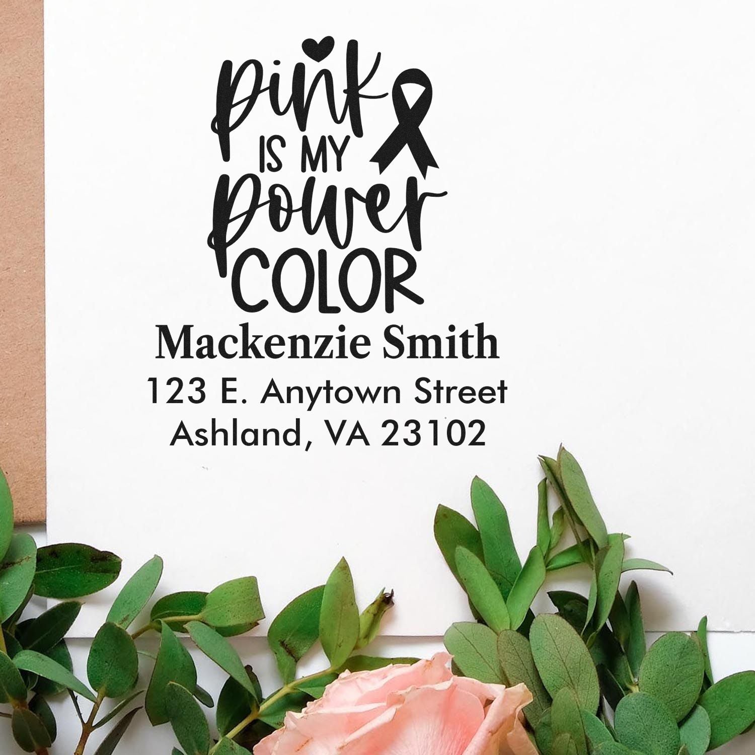 Personalized rubber stamp with pink ribbon design and return address for Mackenzie Smith, Ashland, VA.