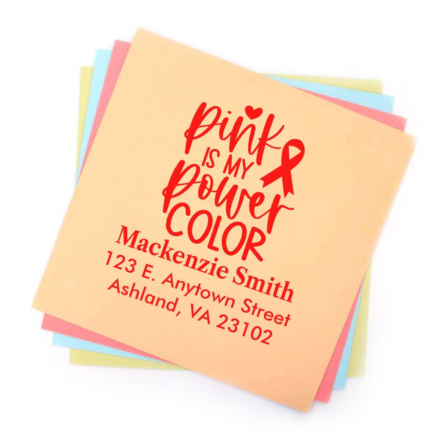 Personalized pink ribbon rubber stamp design with Pink Is My Power Color text, name, and address for awareness mailings.
