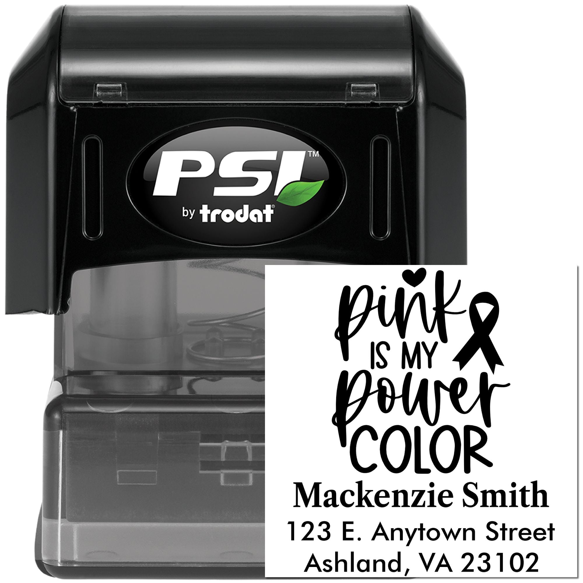 Custom self-inking rubber stamp with pink ribbon design and return address, ideal for breast cancer awareness mailings.