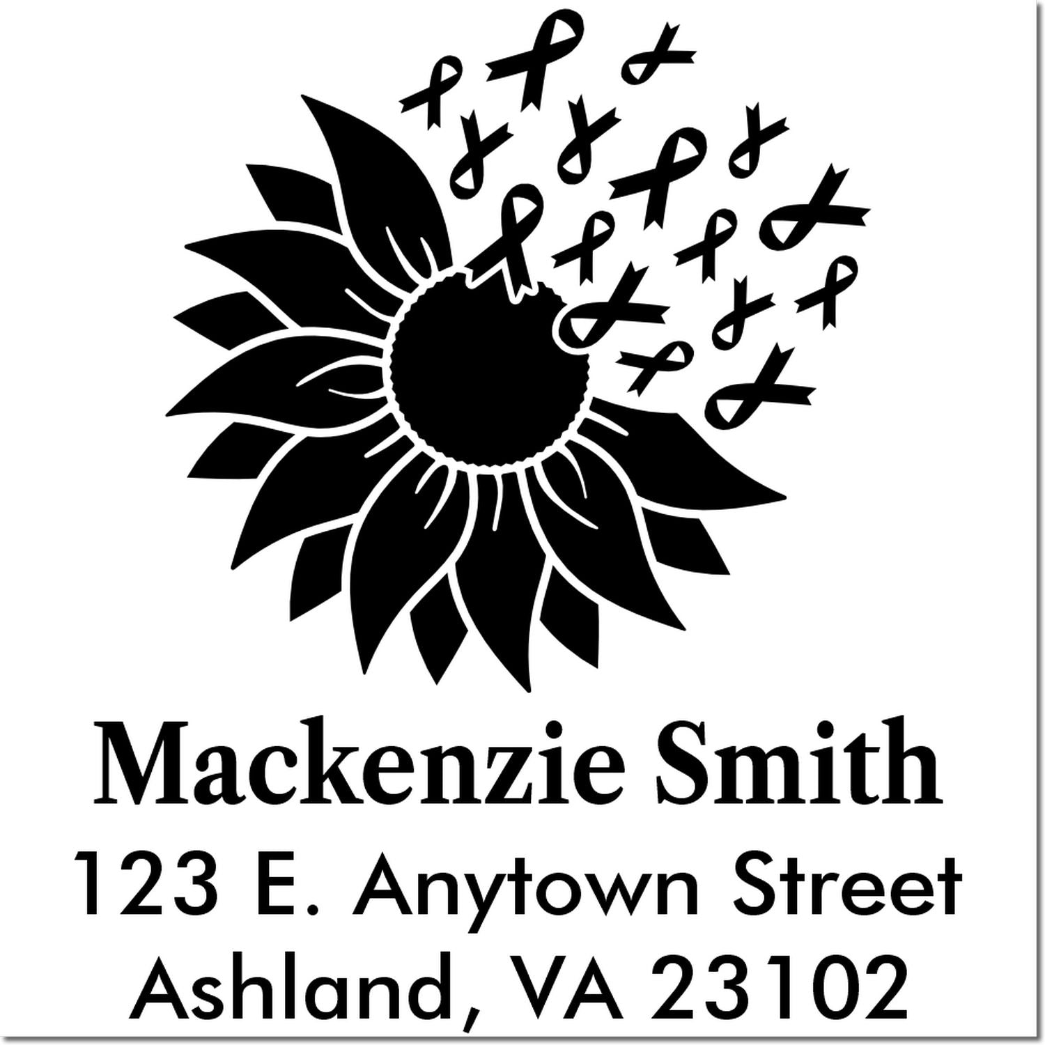 Custom rubber stamp design with sunflower and awareness ribbons, personalized return address for Mackenzie Smith, Ashland VA 23102