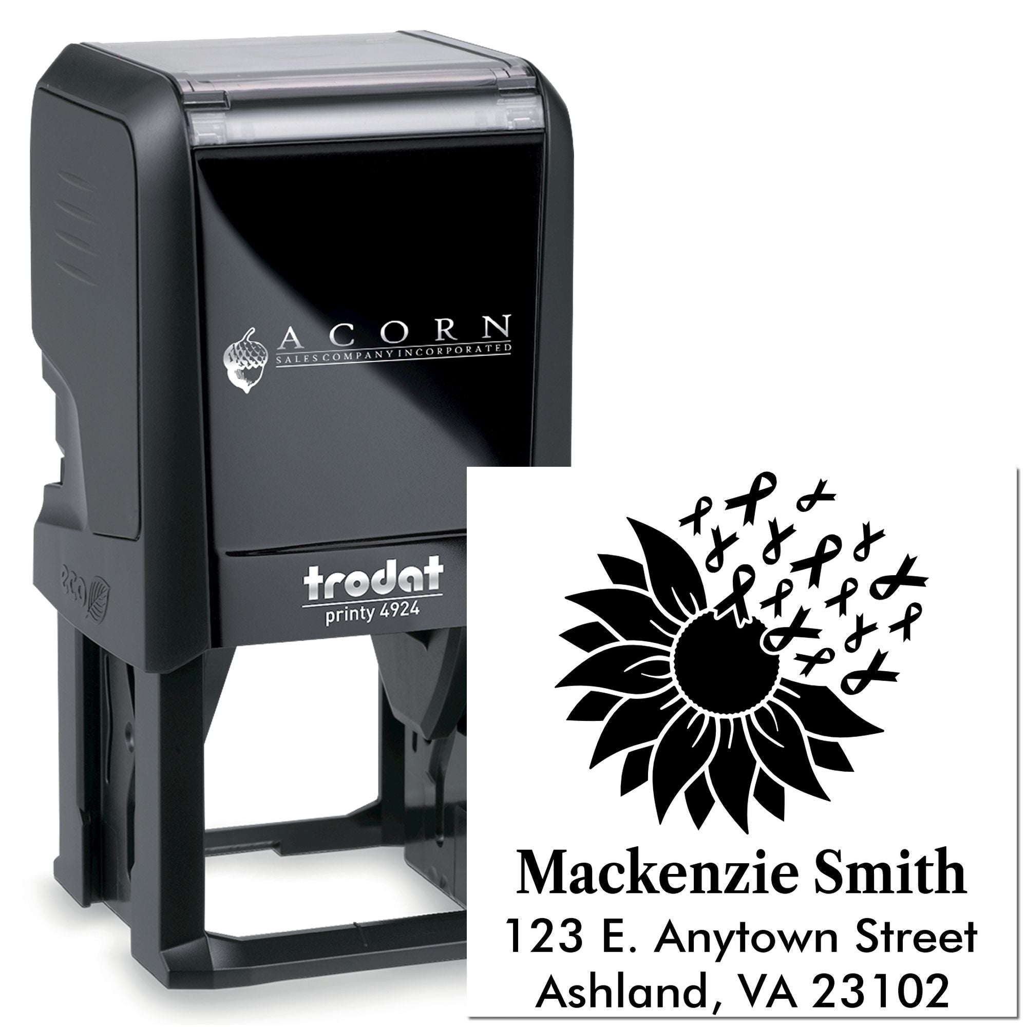 Personalized self-inking rubber stamp, Trodat Printy 4924, with sunflower and ribbon design for return addresses.
