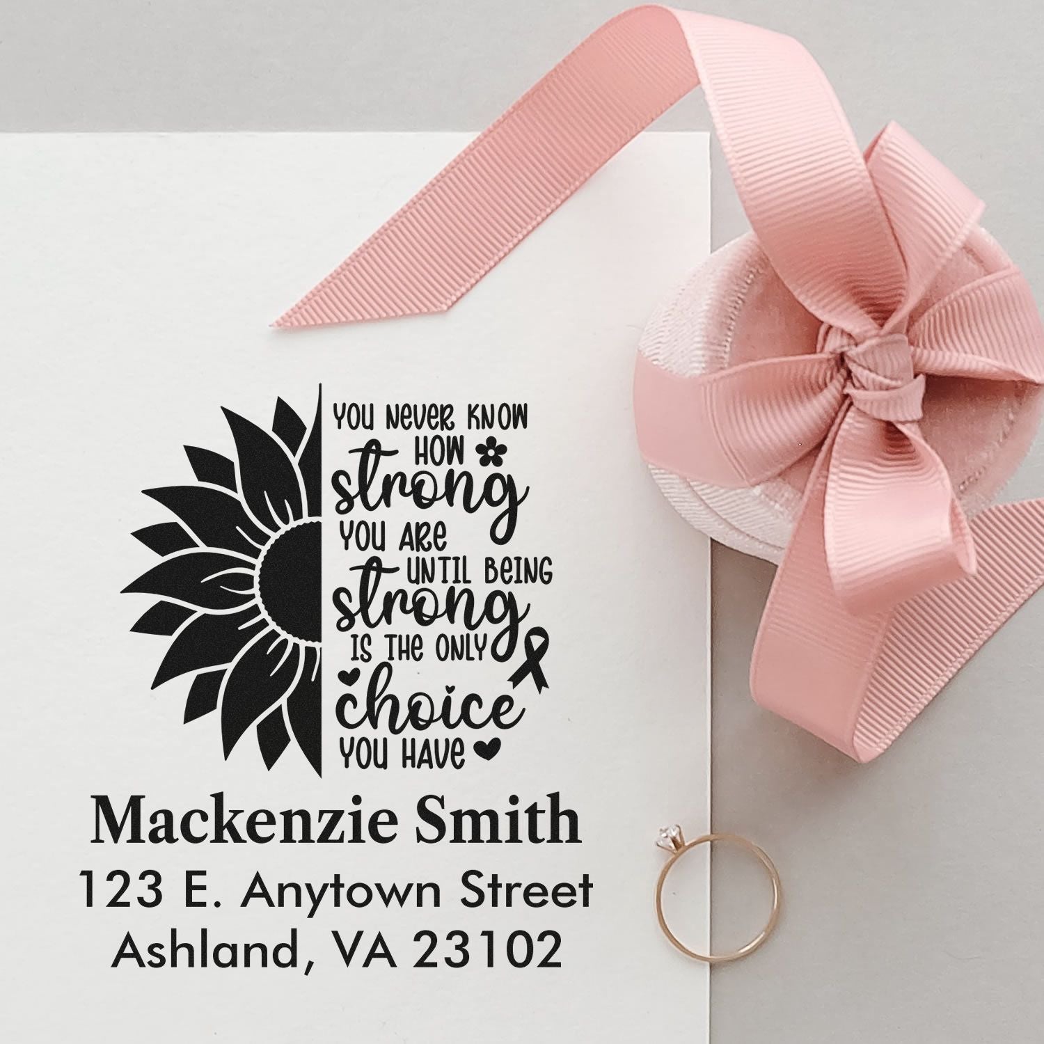 Custom rubber stamp with sunflower quote and personalized return address, ideal for sympathy or awareness card mailing.