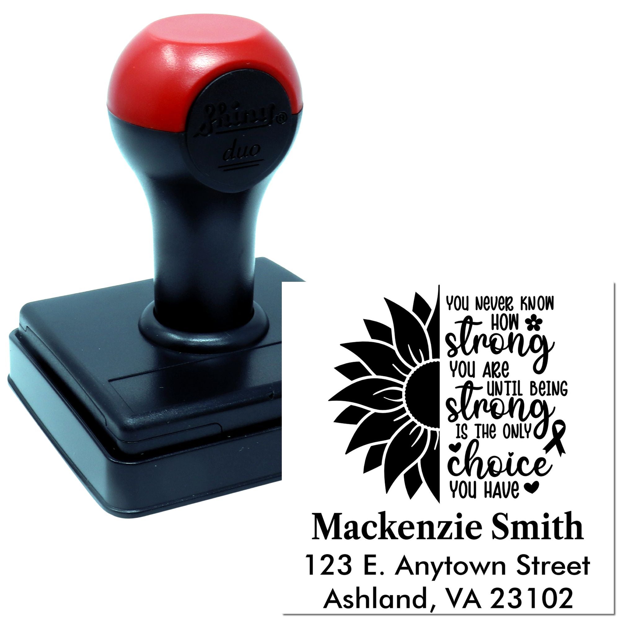 Custom self-inking rubber stamp with sunflower quote, name, and return address for personalized awareness mailings.