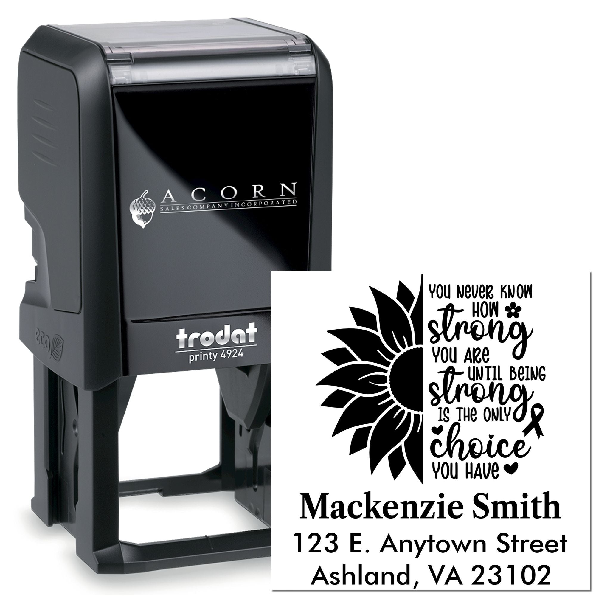 Personalized self-inking rubber address stamp with sunflower quote design and Mackenzie Smith return address.
