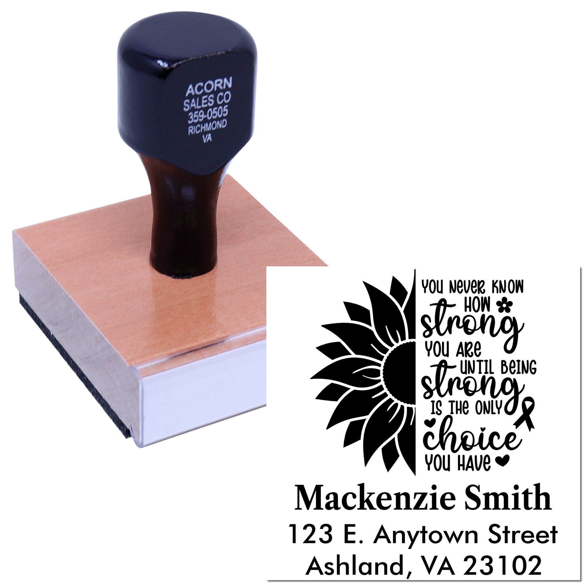 Custom rubber address stamp with sunflower and inspirational ribbon design for breast cancer awareness mailings.