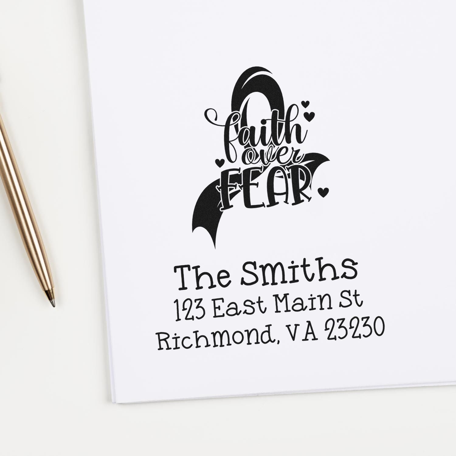 Faith Over Fear custom address rubber stamp for The Smiths, Richmond, VA 23230, with decorative heart design.