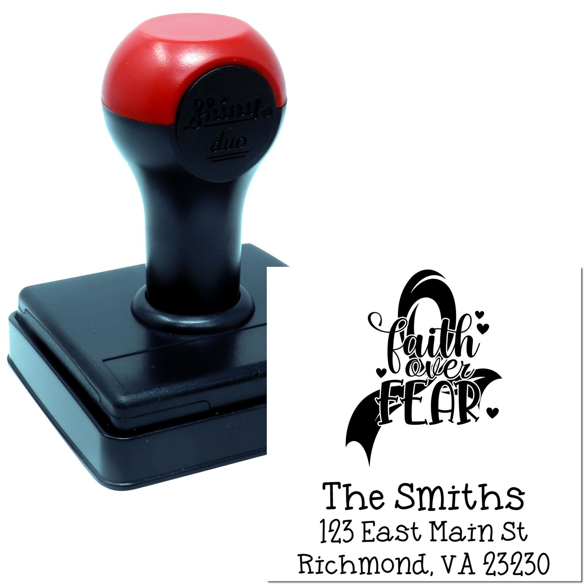 Custom self-inking rubber stamp with faith over fear personalized address imprint for envelopes, crafts, and branding.