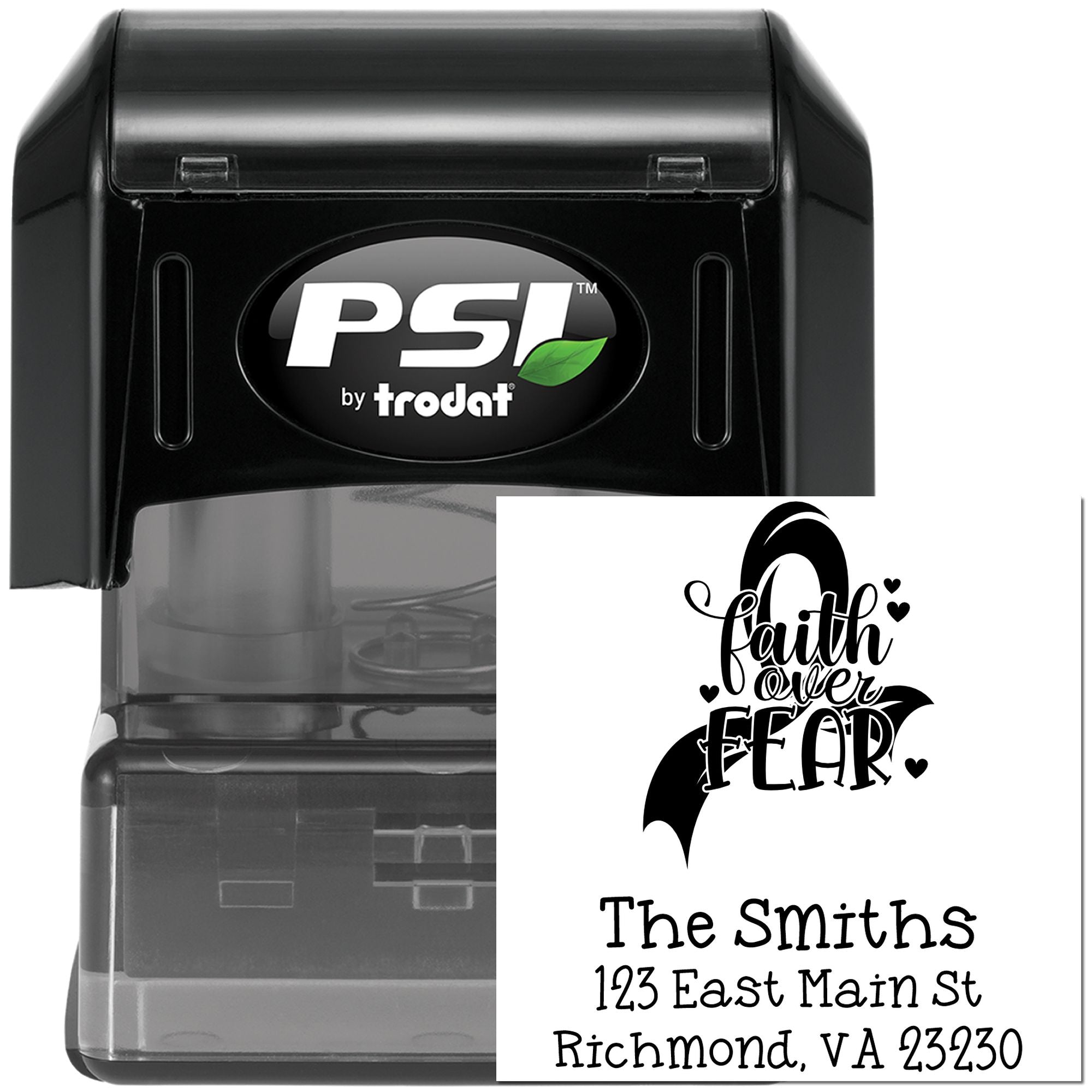Custom self-inking rubber stamp with Faith Over Fear design and The Smiths return address for personalized mailing.