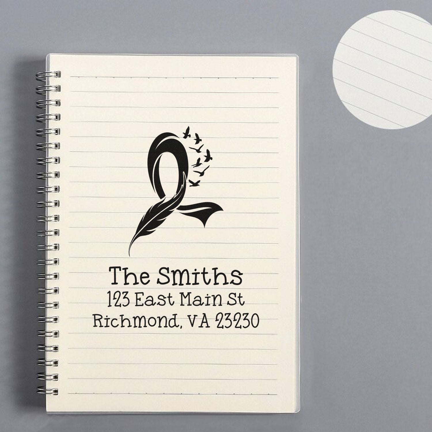 Custom family address rubber stamp with bird monogram, The Smiths, 123 East Main St, Richmond, VA 23230.