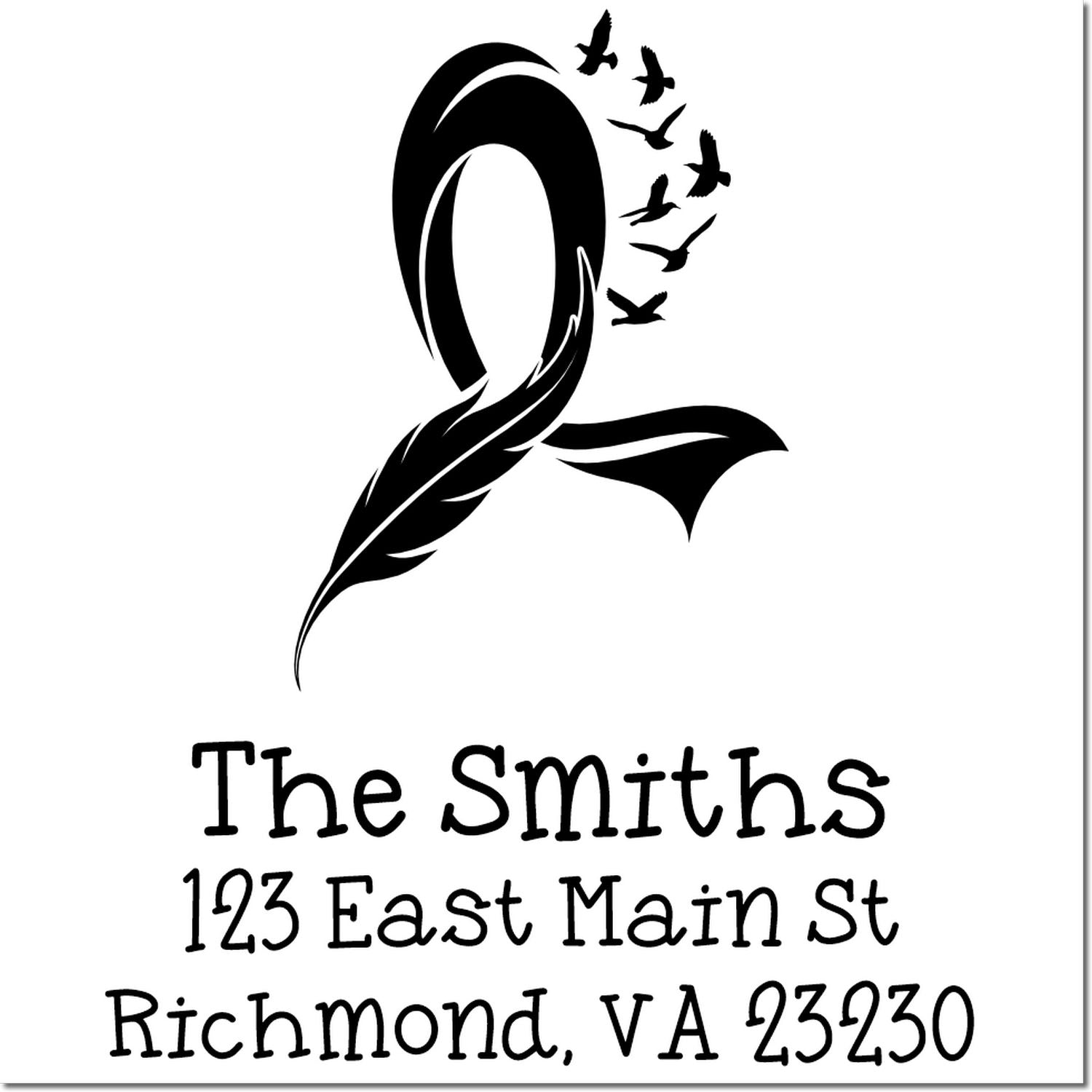 Custom return address rubber stamp with feather and birds for The Smiths, Richmond, VA 23230.