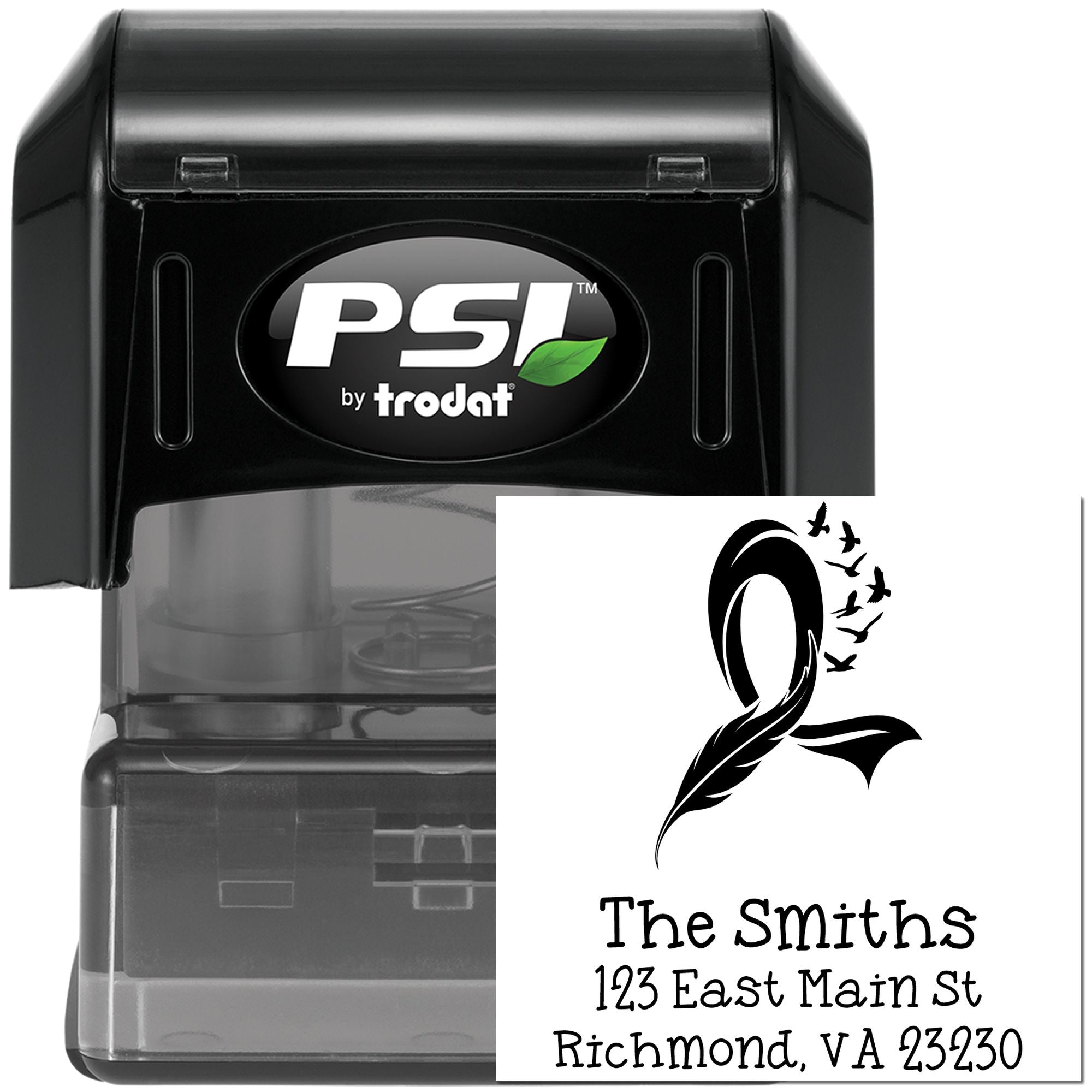 PSI by Trodat self-inking rubber stamp with custom return address for The Smiths and decorative feather monogram