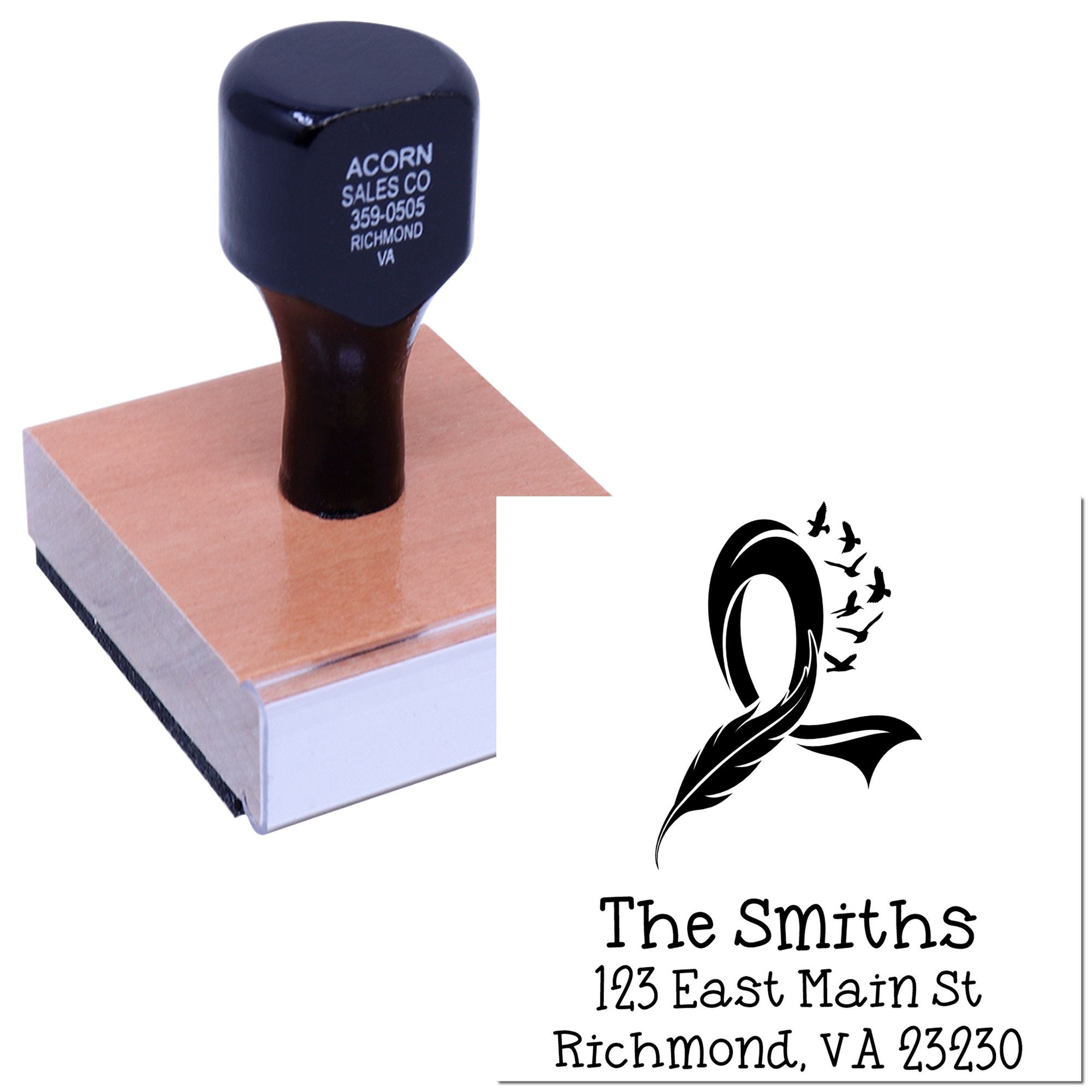 Custom rubber return address stamp with logo, The Smiths name, and Richmond VA address for mailing and packaging.