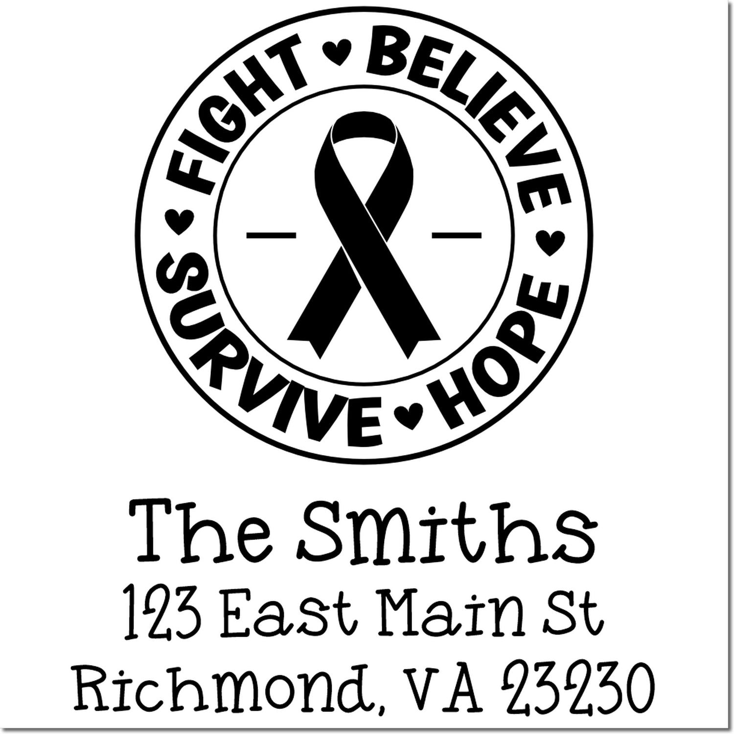 Personalized rubber stamp with fight, believe, survive, hope ribbon logo and The Smiths return address, Richmond, VA.