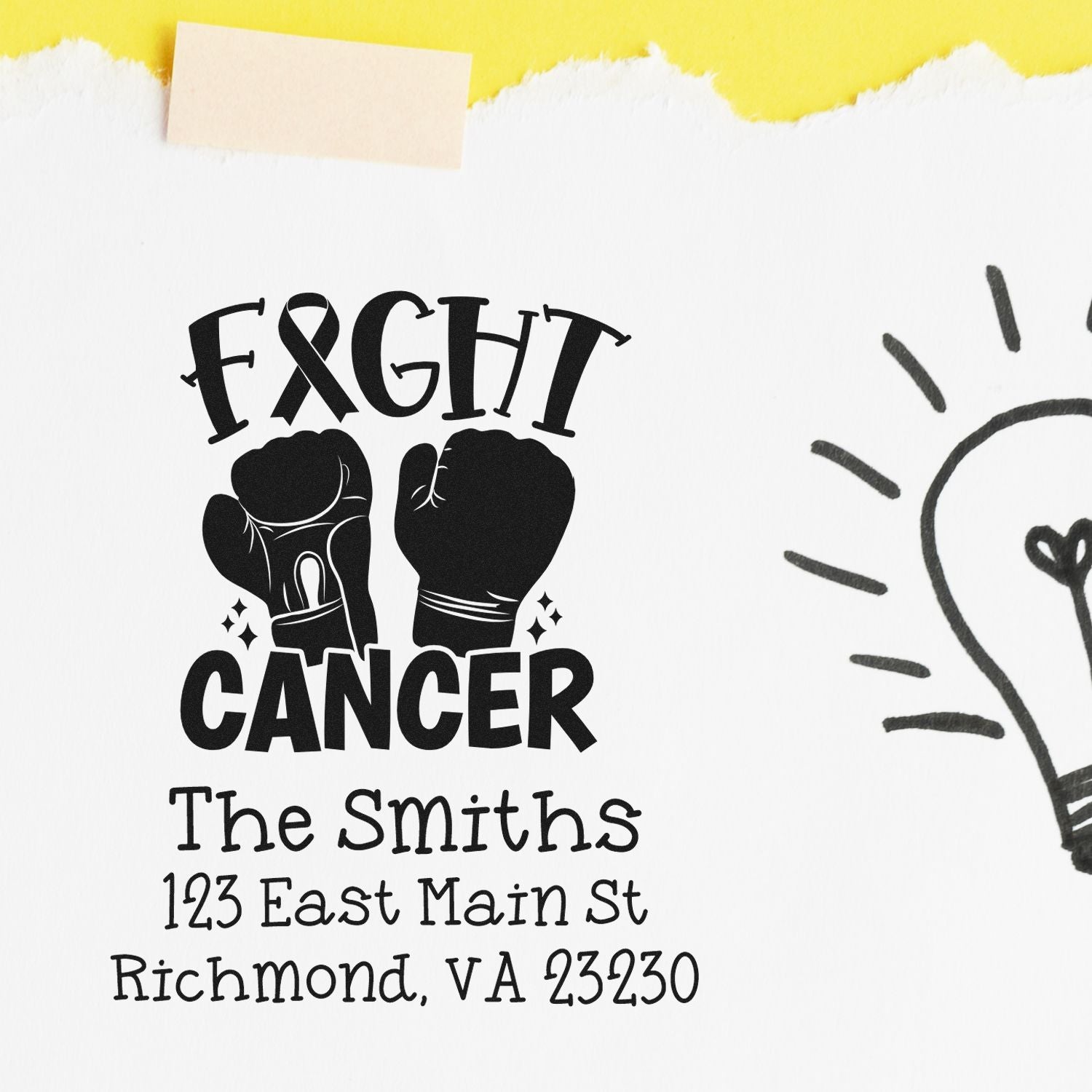 Custom fight cancer address rubber stamp with boxing gloves, personalized for The Smiths, Richmond, VA.