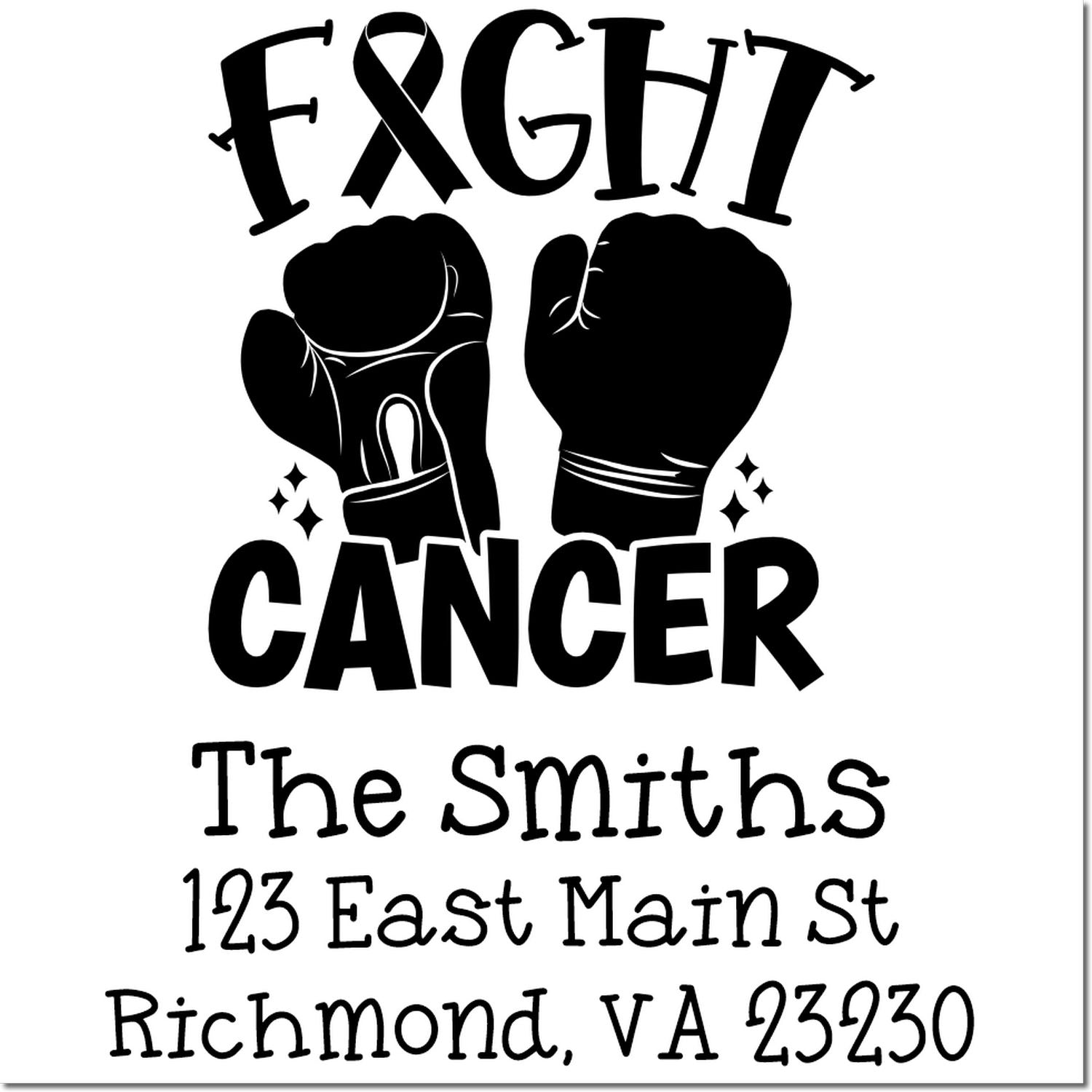 Custom Fight Cancer return address rubber stamp with boxing gloves, personalized name, street address, and city state ZIP.