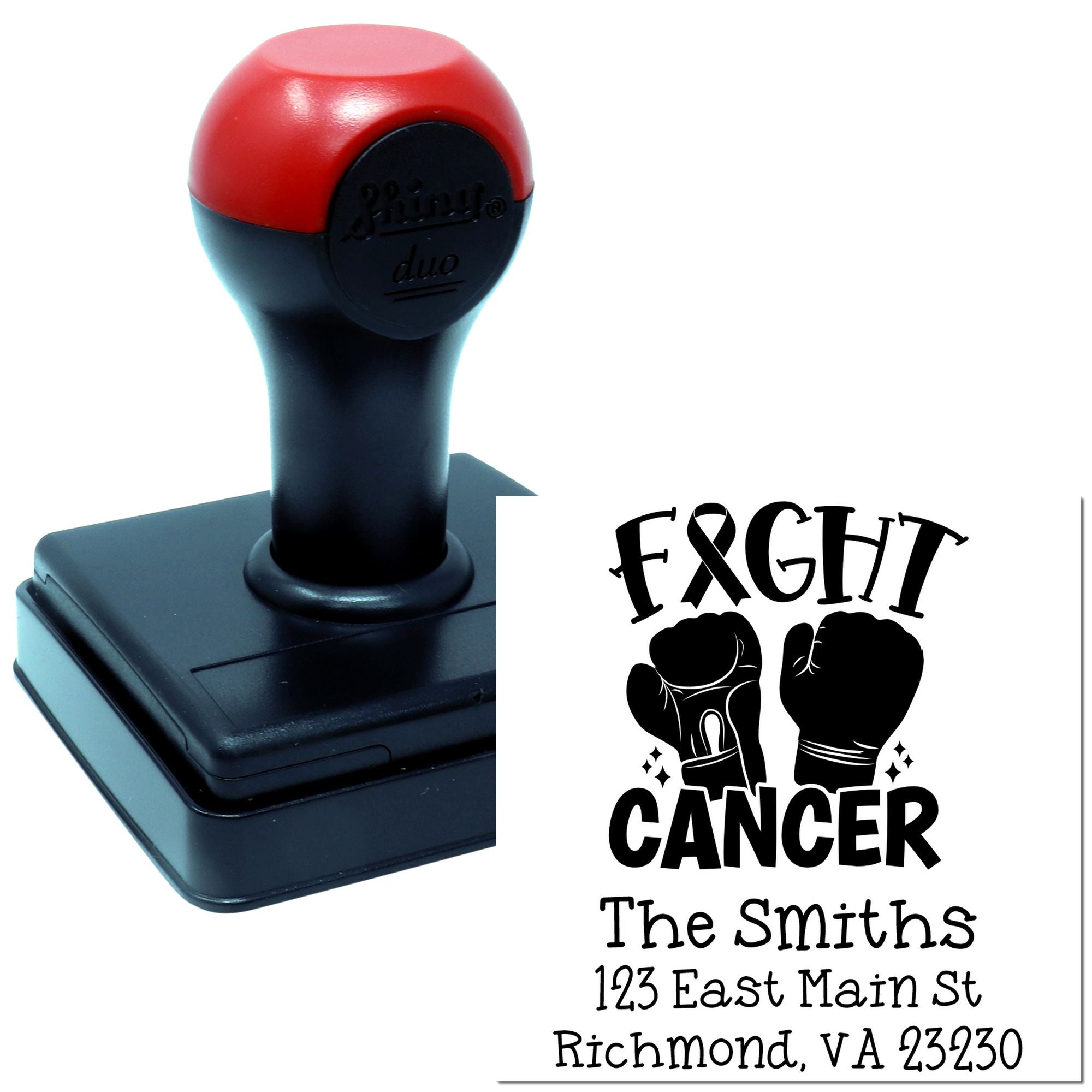 Custom Fight Cancer self-inking rubber stamp with ribbon and fists, personalized with name and address for awareness mailings.