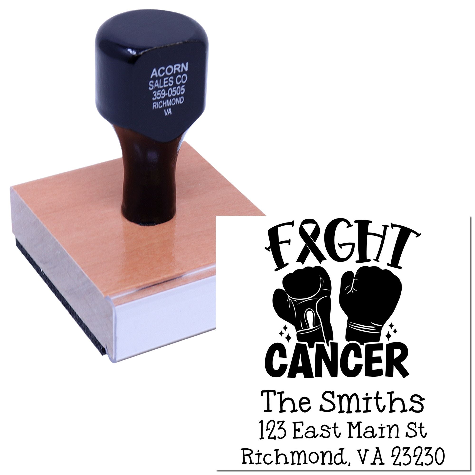Custom rubber stamp for Fight Cancer fundraiser with boxing gloves design and personalized name and address imprint.