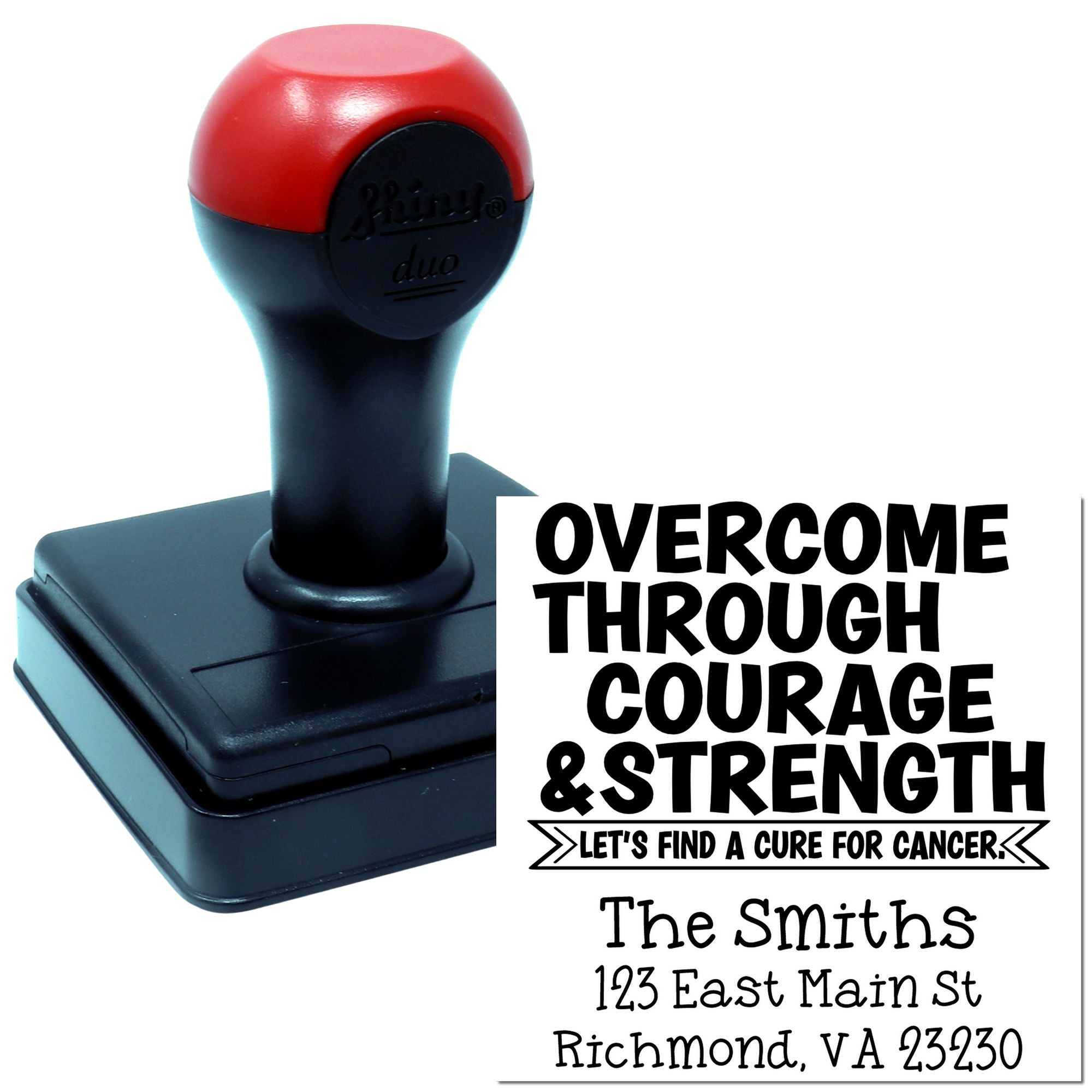 Custom self-inking rubber stamp with cancer awareness message, family name, and address for fundraising mailings.