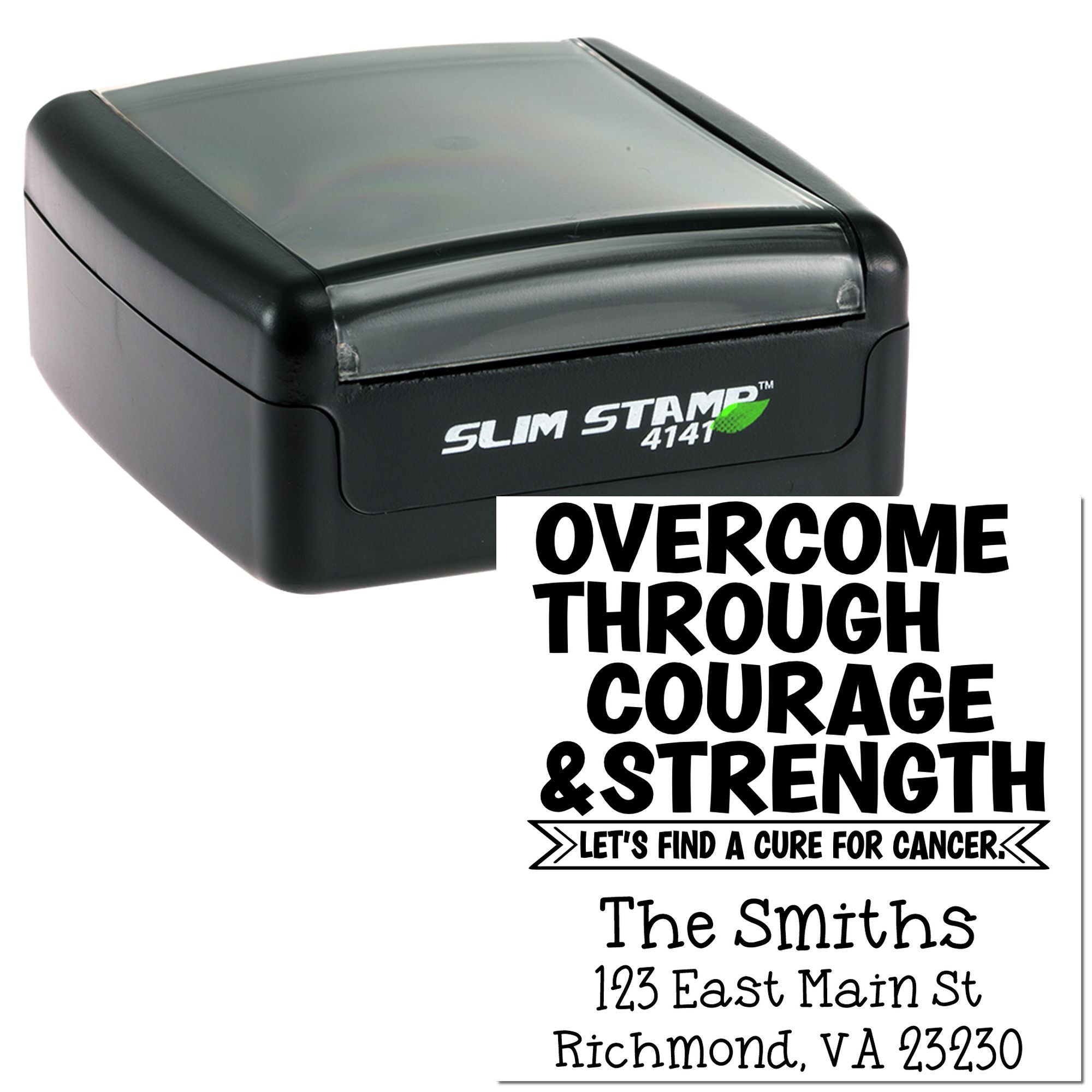 Custom self-inking rubber stamp with cancer awareness message, personalized name, and address for awareness campaigns.