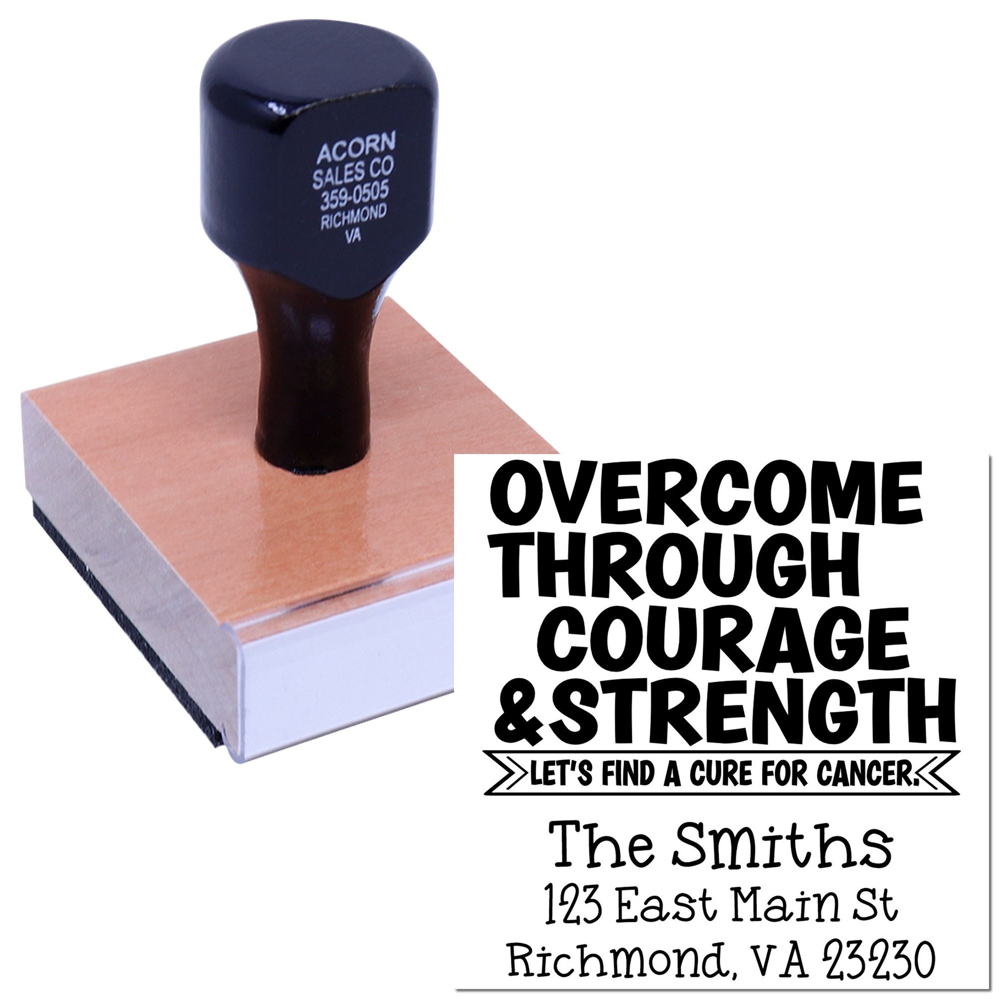 Custom rubber stamp example with cancer awareness quote and return address for fundraising or charity mailings.