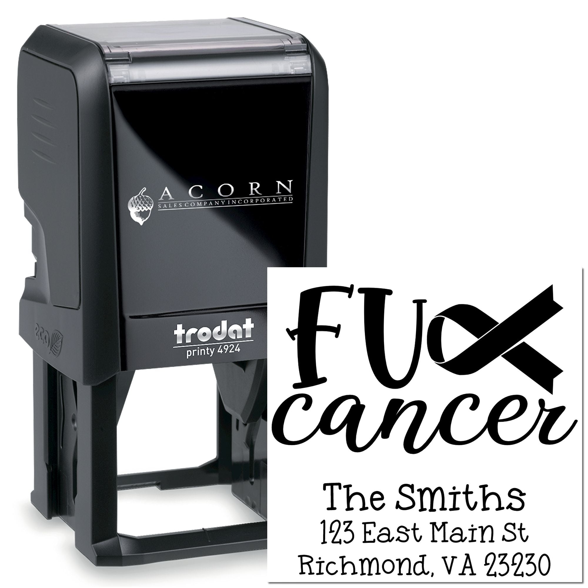 Custom self-inking rubber stamp with bold F Cancer design and The Smiths address, shown on a Trodat Printy stamp.