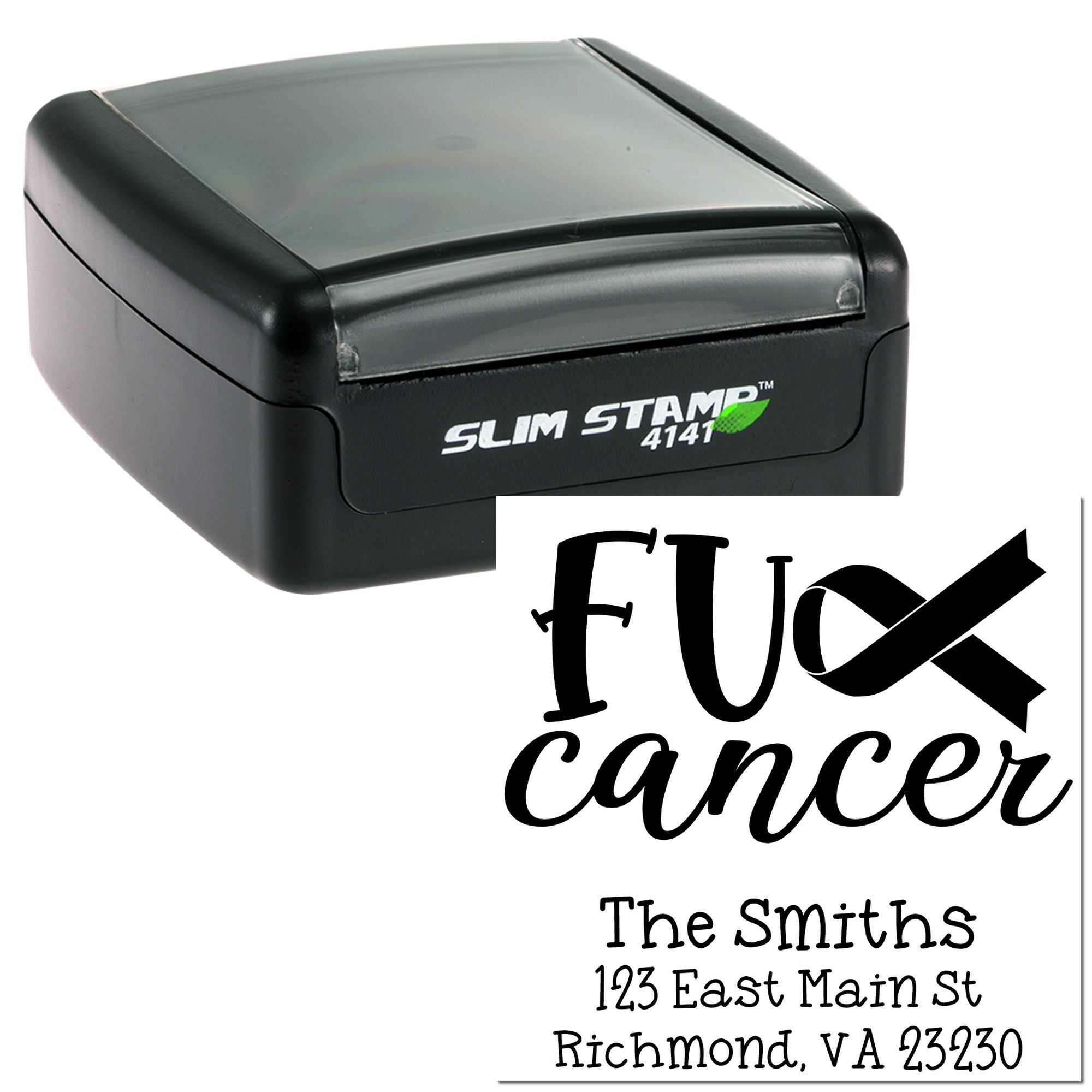 Custom self-inking Slim Stamp 4141 rubber stamp with Fuck Cancer return address design for personalized mailings.