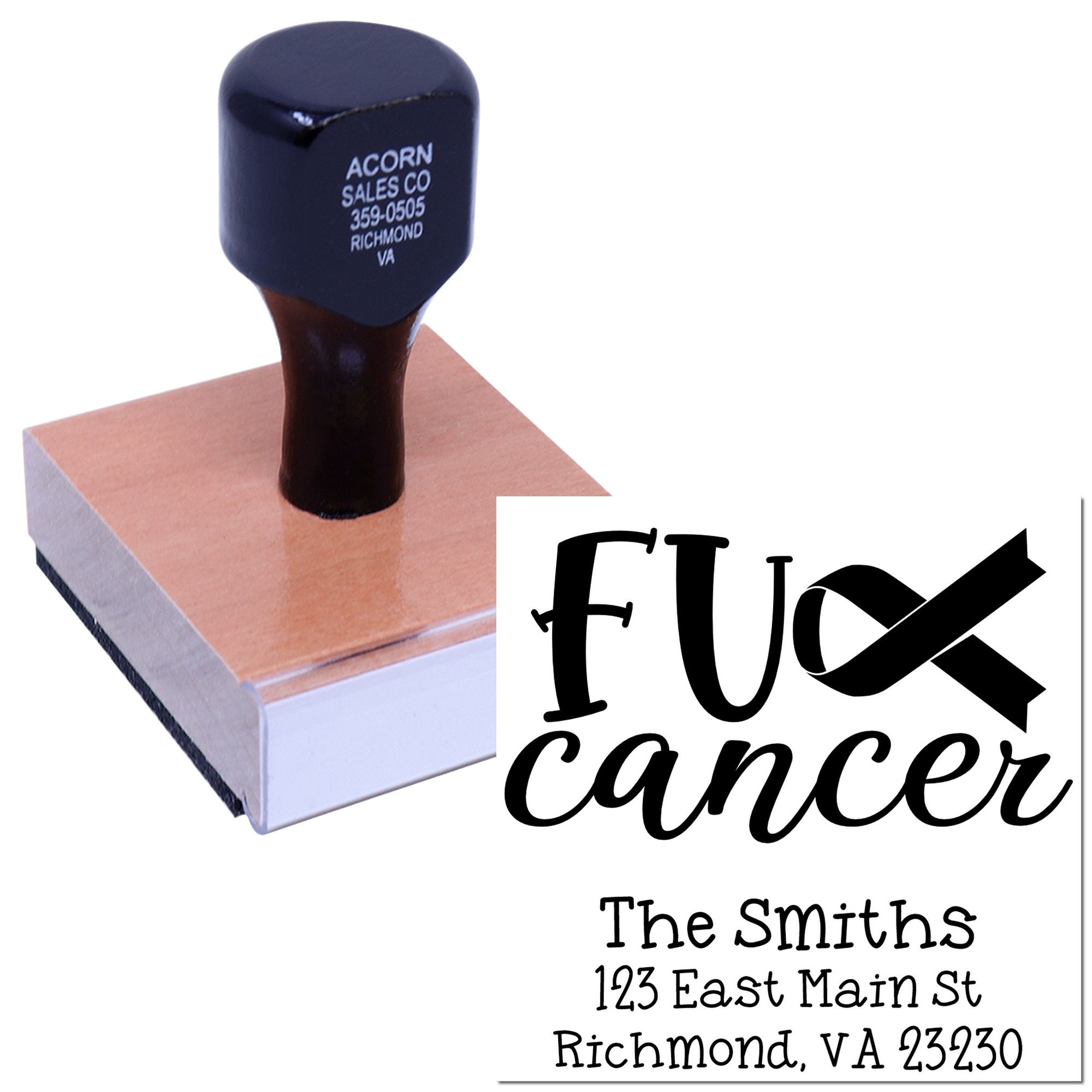 Custom Fuck Cancer rubber stamp with ribbon graphic and personalized return address for cancer awareness support.