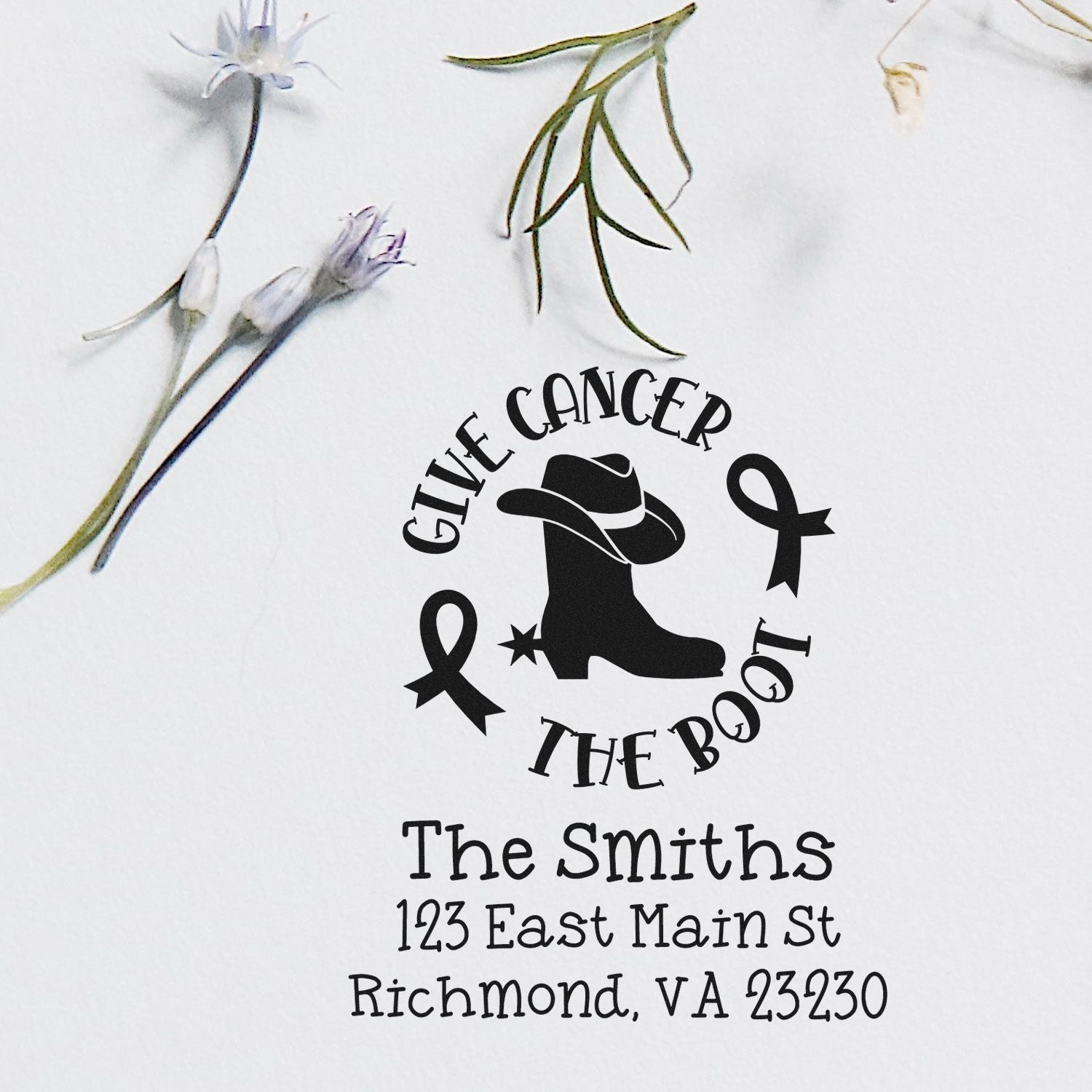 Custom rubber stamp with Give Cancer the Boot breast cancer awareness design and personalized return address.