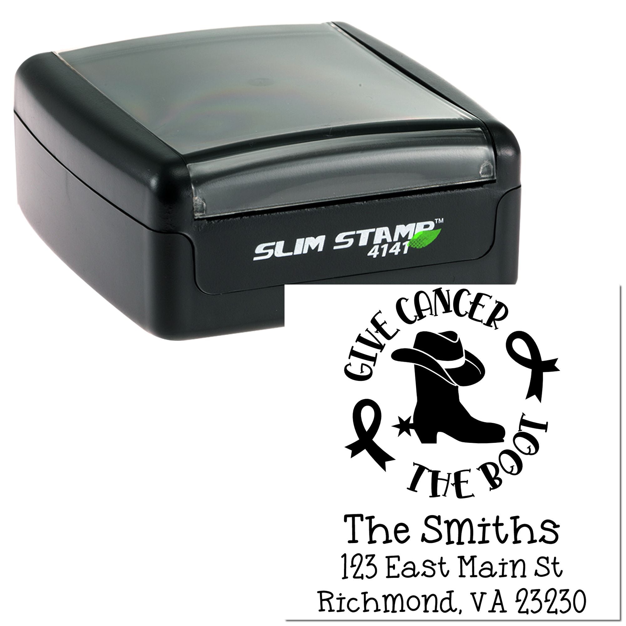Custom self-inking rubber stamp with Give Cancer the Boot ribbon design and The Smiths return address.