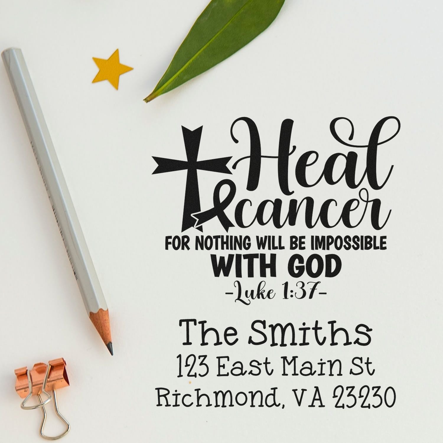 Personalized rubber stamp with Christian cancer prayer quote, family name, and address for custom stationery and mail.