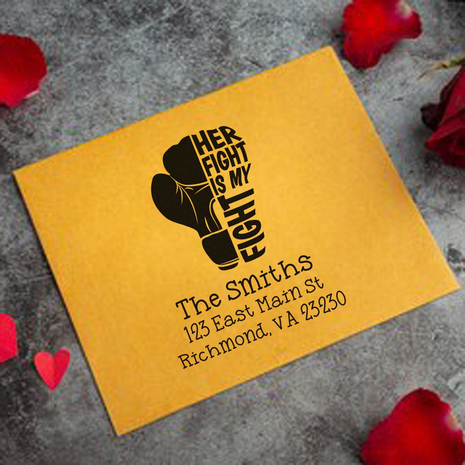 Custom rubber address stamp with boxing glove design and Her Fight Is My Fight text for personalized envelopes.