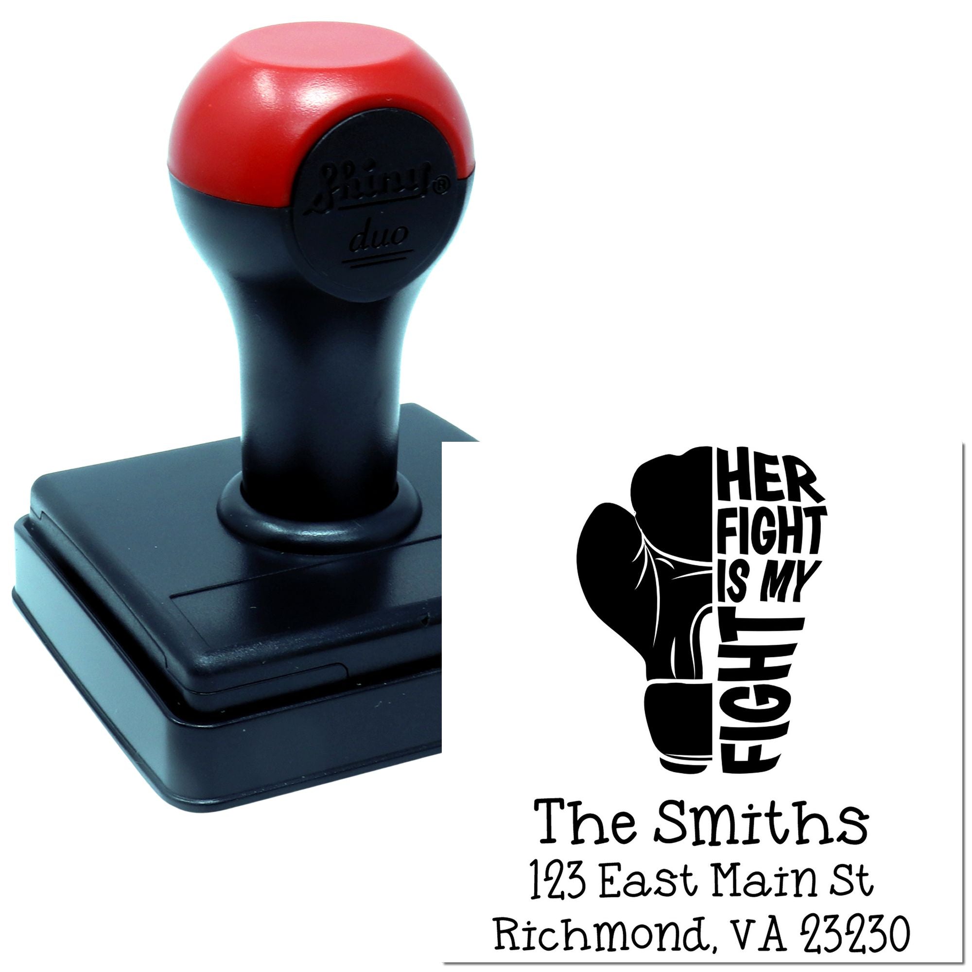 Custom rubber stamp with boxing glove design and sample imprint reading Her Fight Is My Fight, plus name and address.