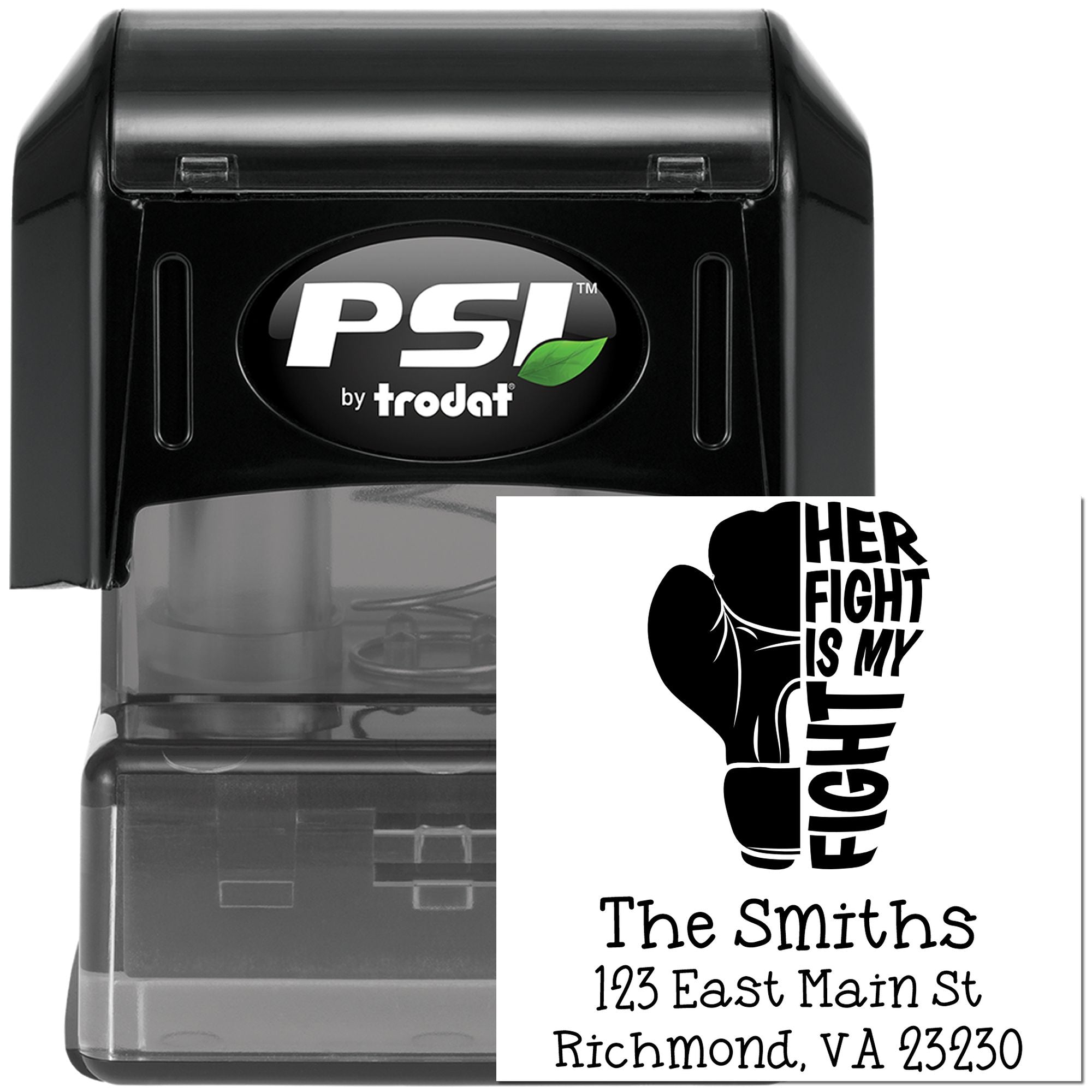 Custom self-inking rubber stamp with boxing gloves and Her Fight Is My Fight address design for awareness gifts.