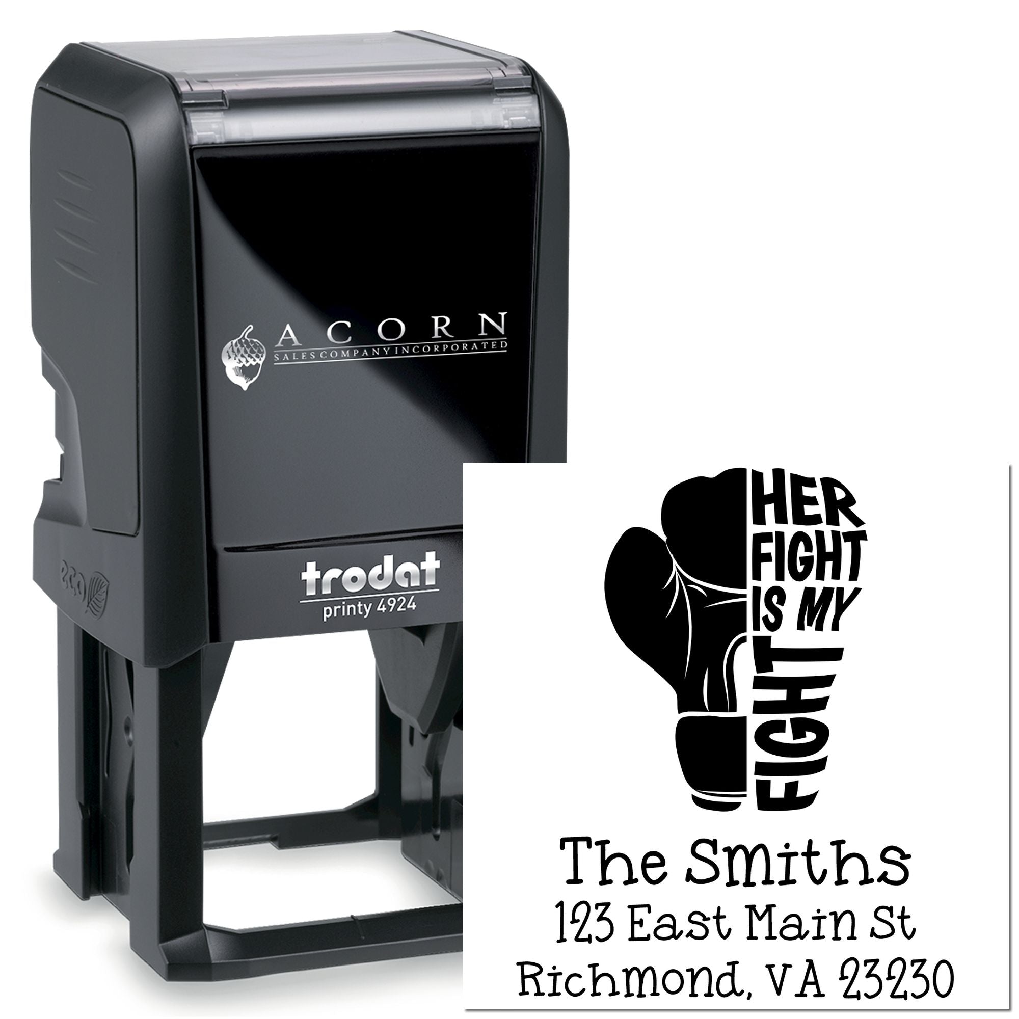 Custom self-inking rubber stamp with Her Fight Is My Fight boxing design and address for The Smiths, Richmond, VA