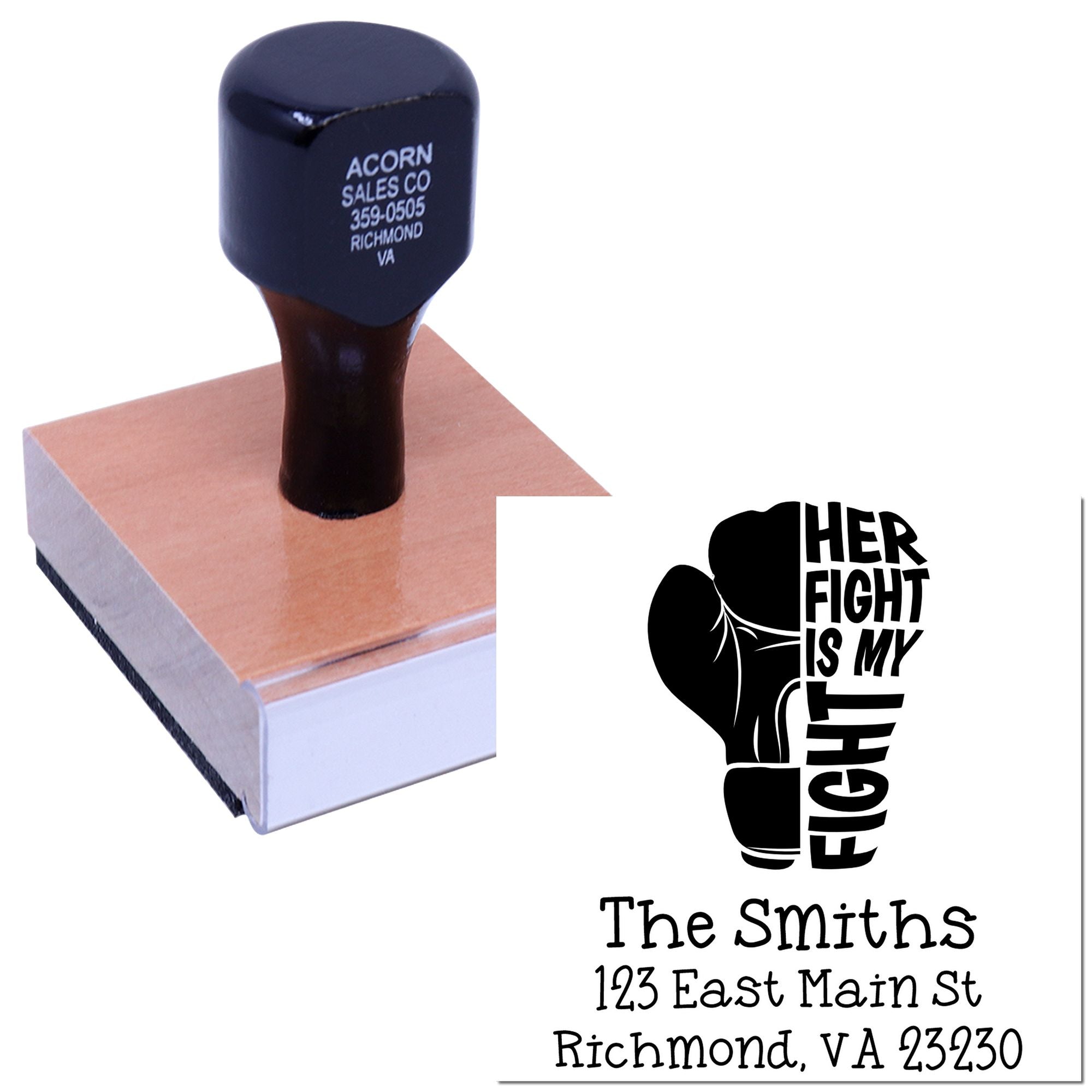 Custom rubber stamp with boxing glove design and return address imprint for personalized awareness mailings.