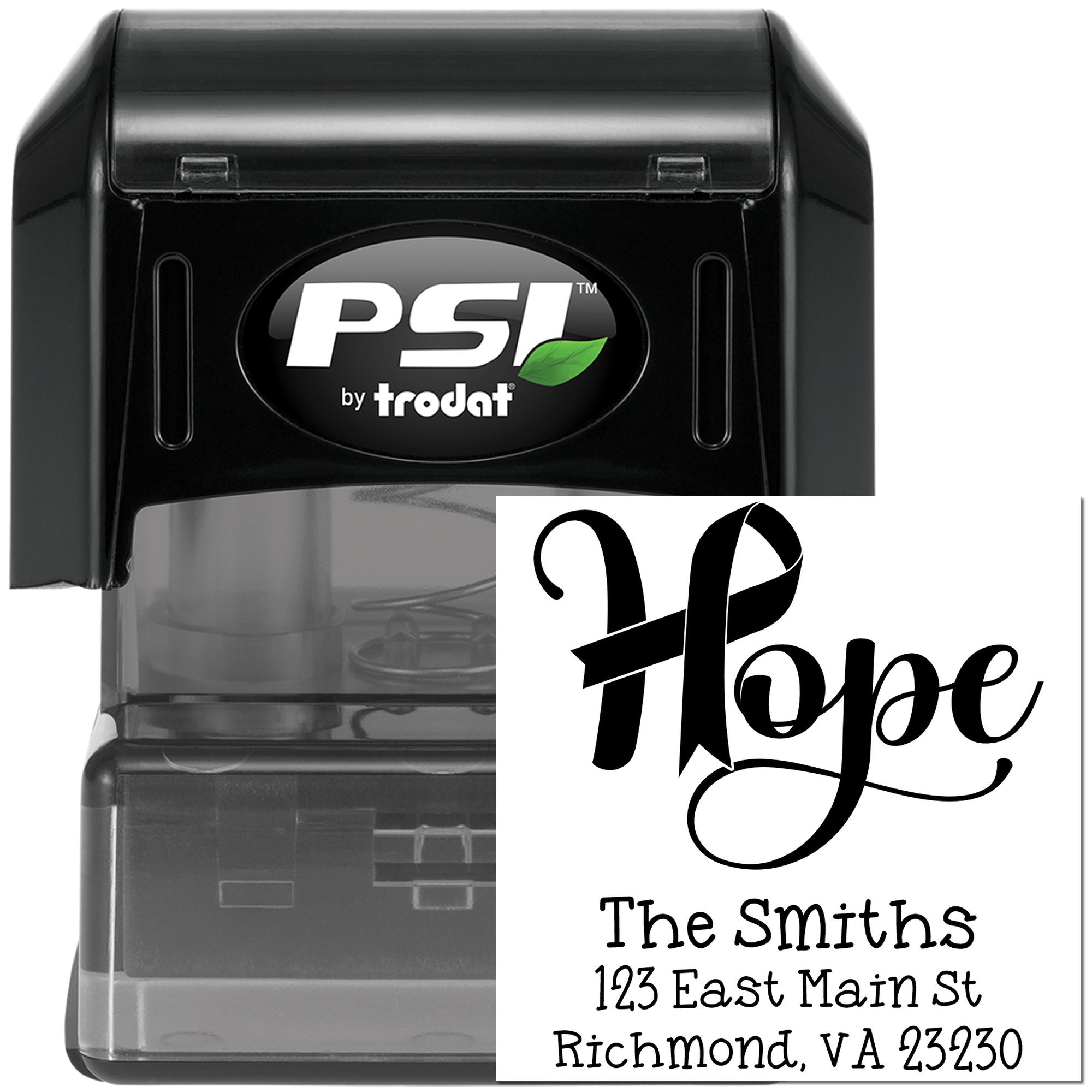 PSI by Trodat self-inking rubber stamp with custom Hope design and The Smiths address imprint for personalized mailing.