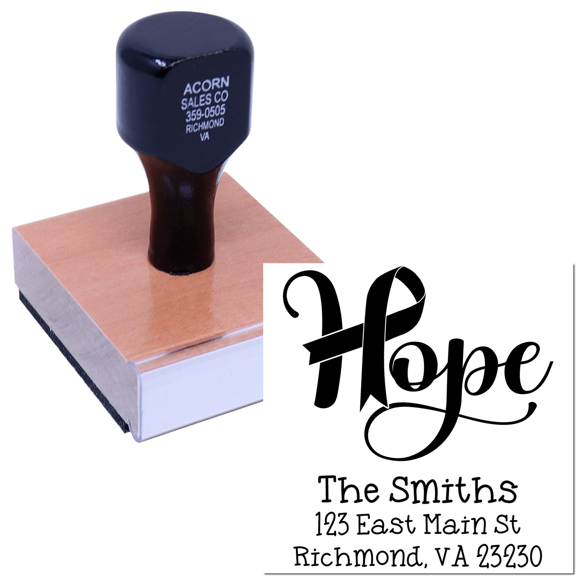 Custom rubber address stamp with Hope ribbon design and family return address for sympathy cards and mailing envelopes