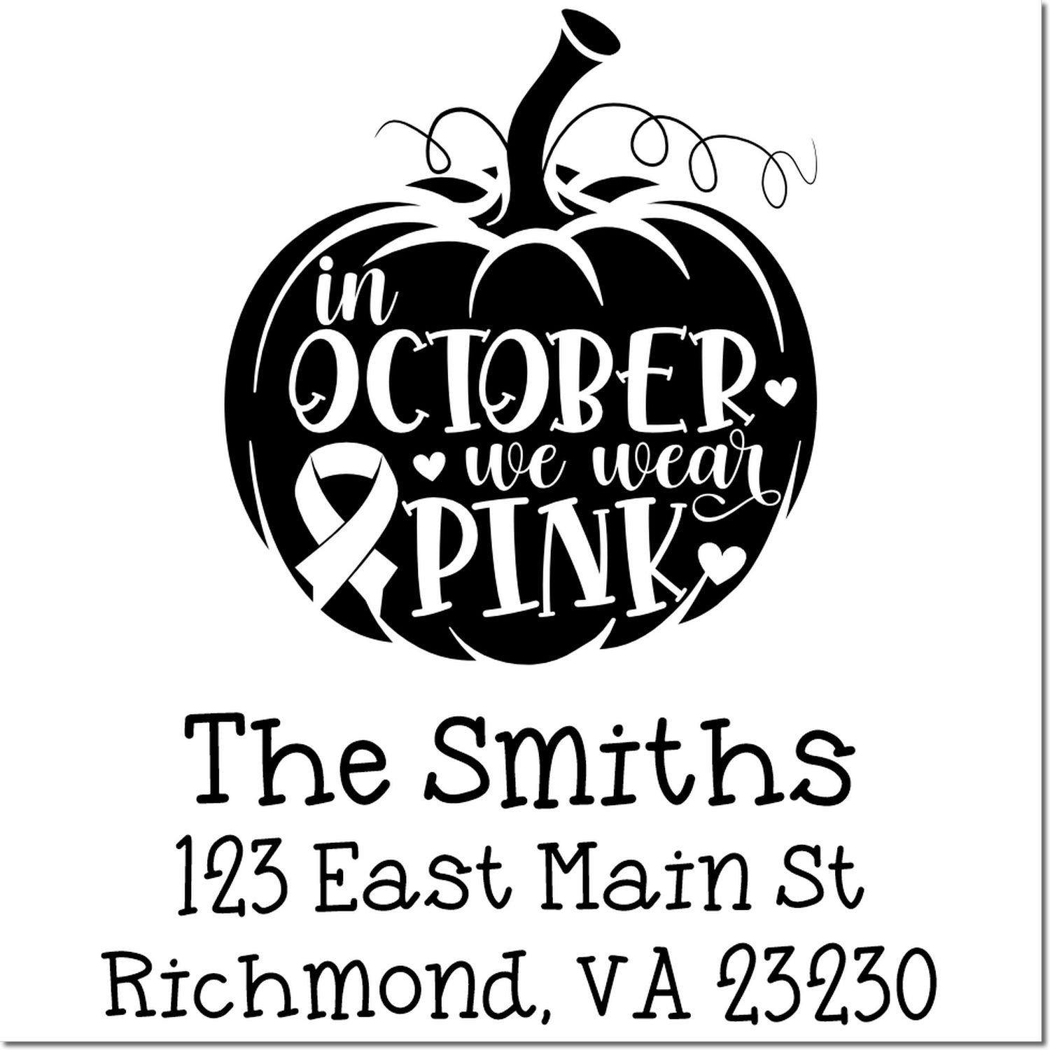 Custom breast cancer awareness address rubber stamp with pumpkin, In October We Wear Pink, and personalized family return address.