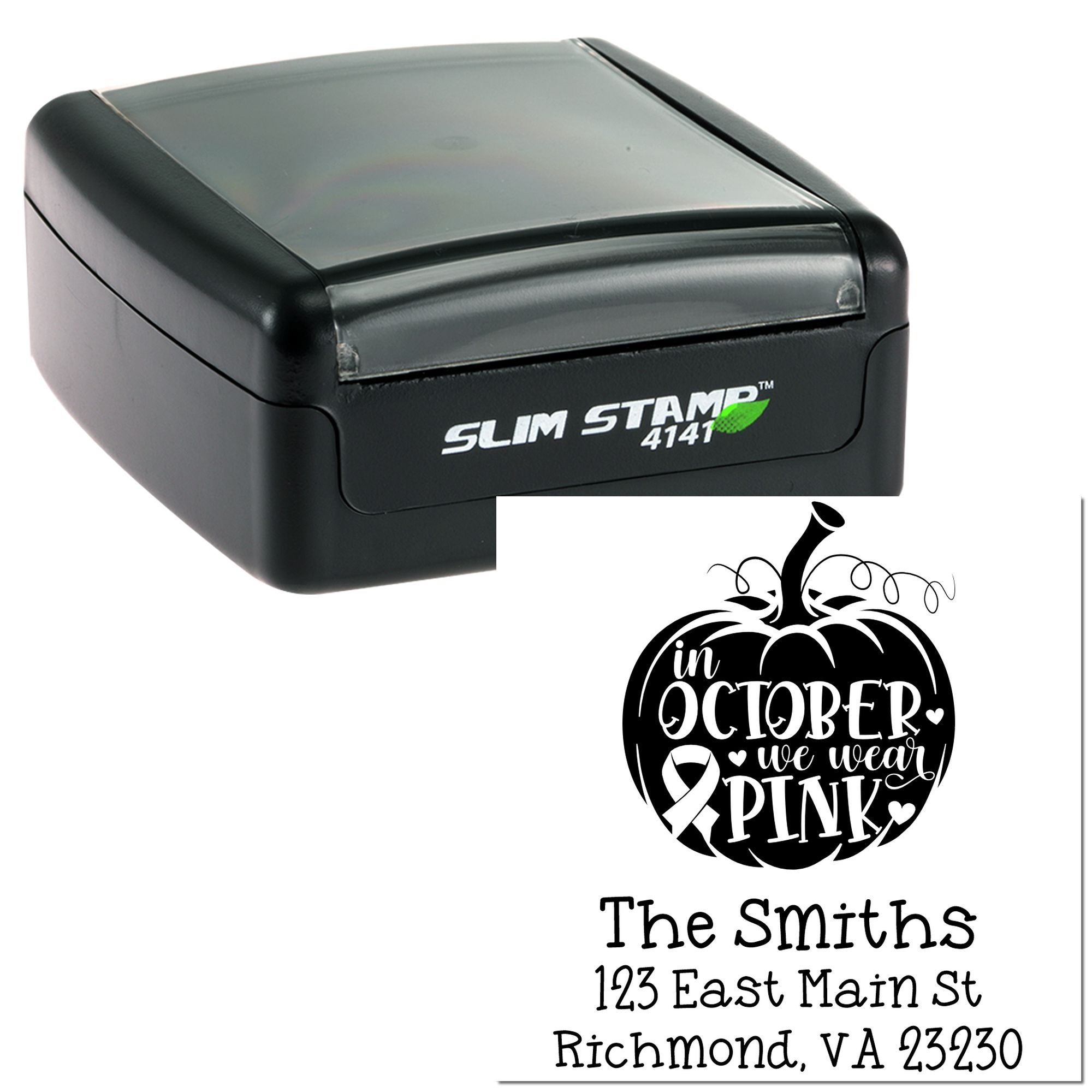 Custom self-inking rubber stamp featuring In October We Wear Pink pumpkin design with name and address.