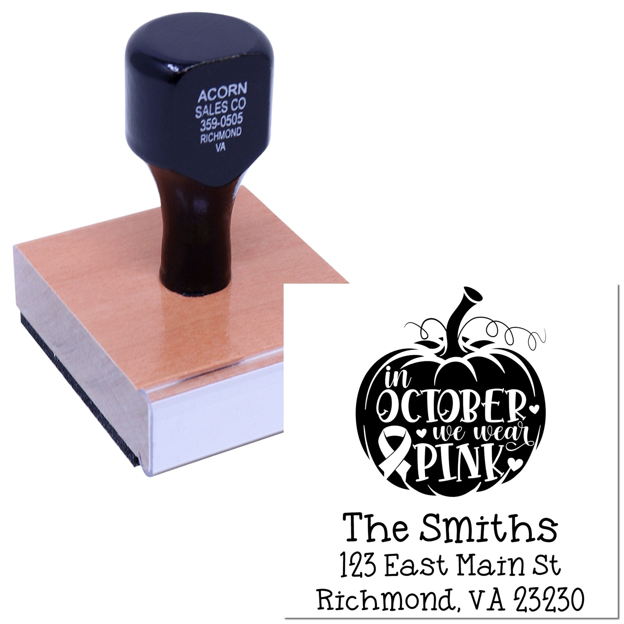Personalized address rubber stamp showing pumpkin In October We Wear Pink design for breast cancer awareness mailings.